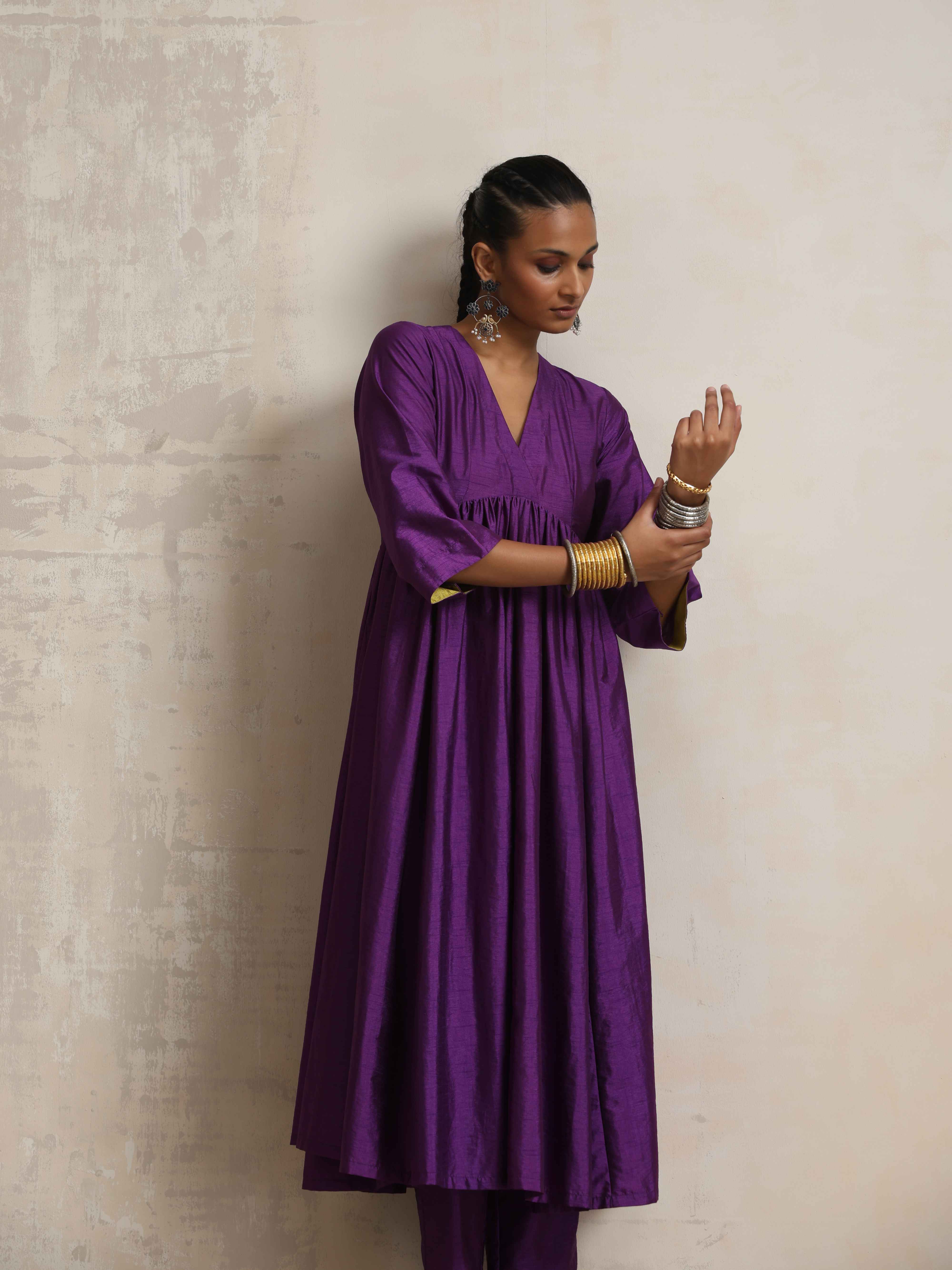 trueBrowns Purple Silk Anarkali Flared Kurta Set - view 5