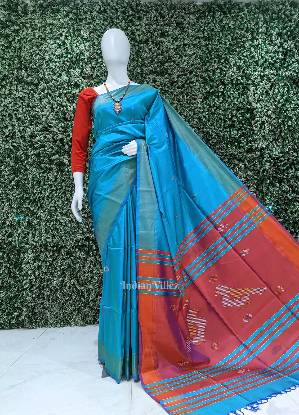 IndianVillèz Sky Blue Magenta Pink Pure Bishnupuri Silk Saree