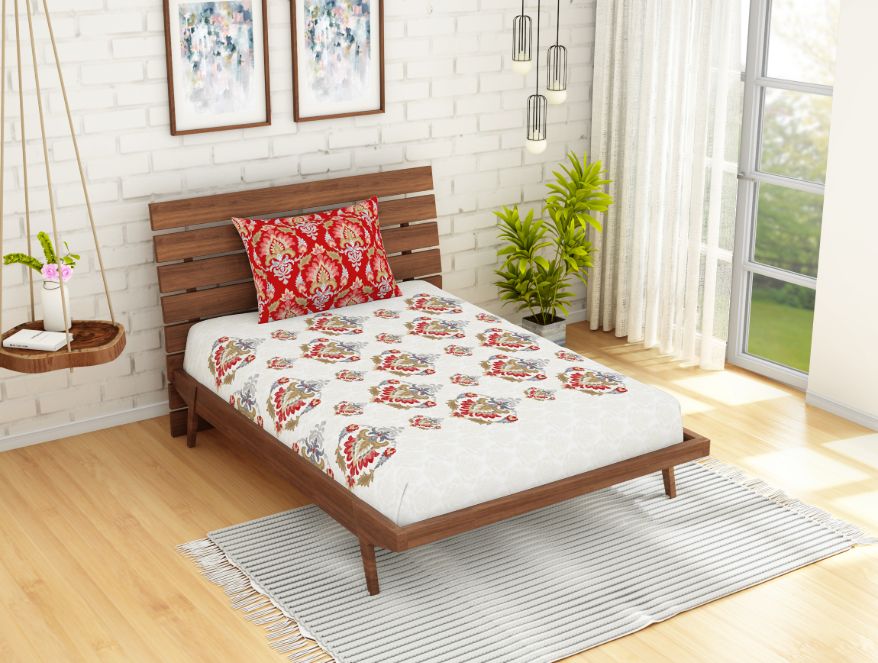 Spaces India Ornate Poppy Red - Red 100% Cotton Single Bedsheet - Atrium Ecom By Spaces - view 2