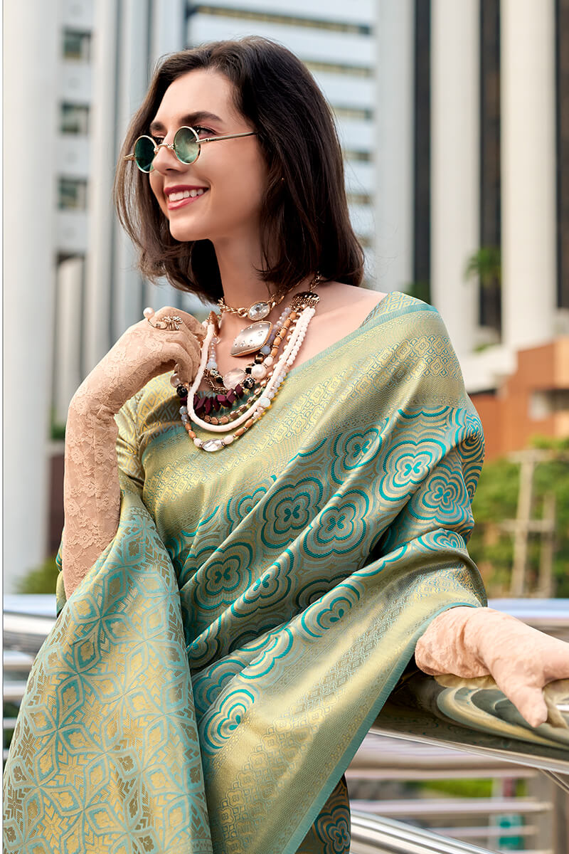 Rajpath Demure Sea Green Kanjivaram Silk Saree With Snazzy Blouse Piece - view 4