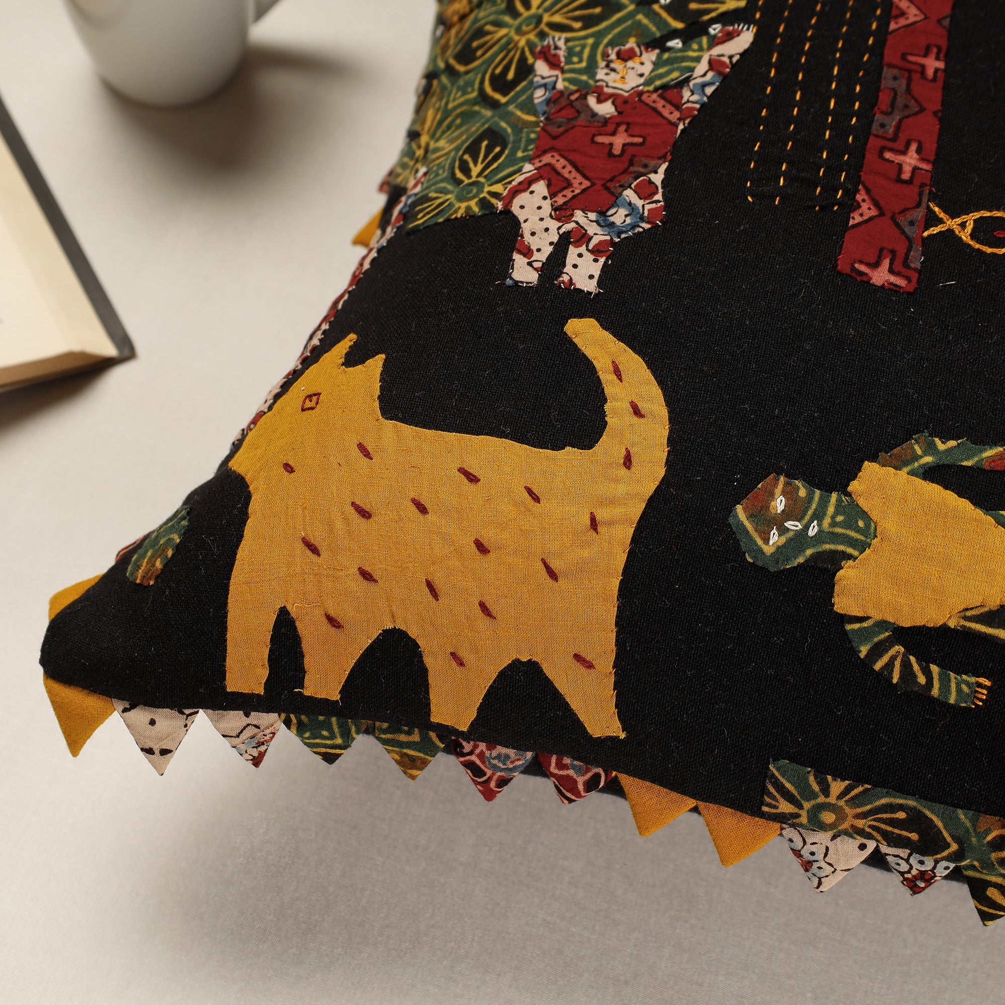 Black - Kala Raksha Applique Cutwork Cotton Cushion Cover (16 x 16 in) - view 2