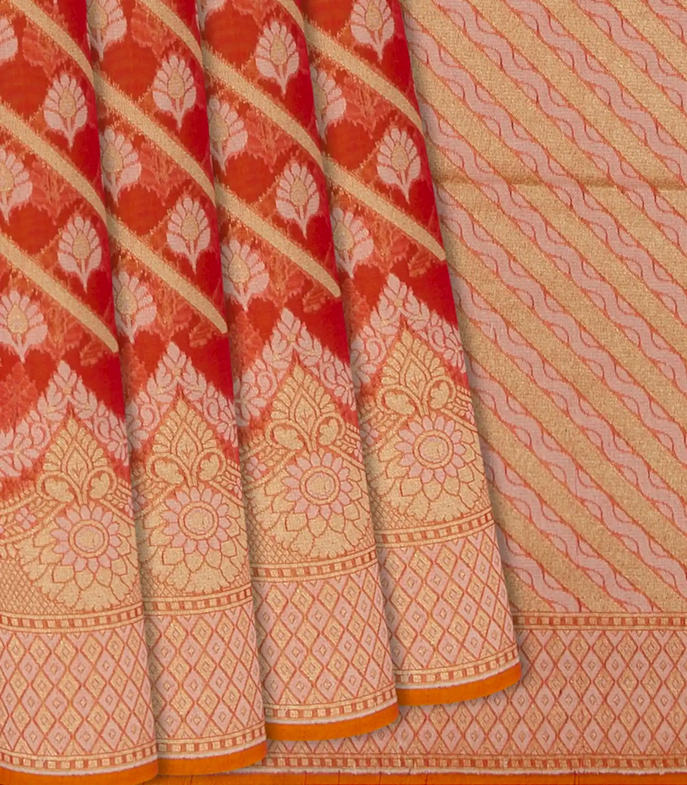 RmKV Dark Peach Blended Banarasi Cotton Saree With Floral Motifs-Dark Peach