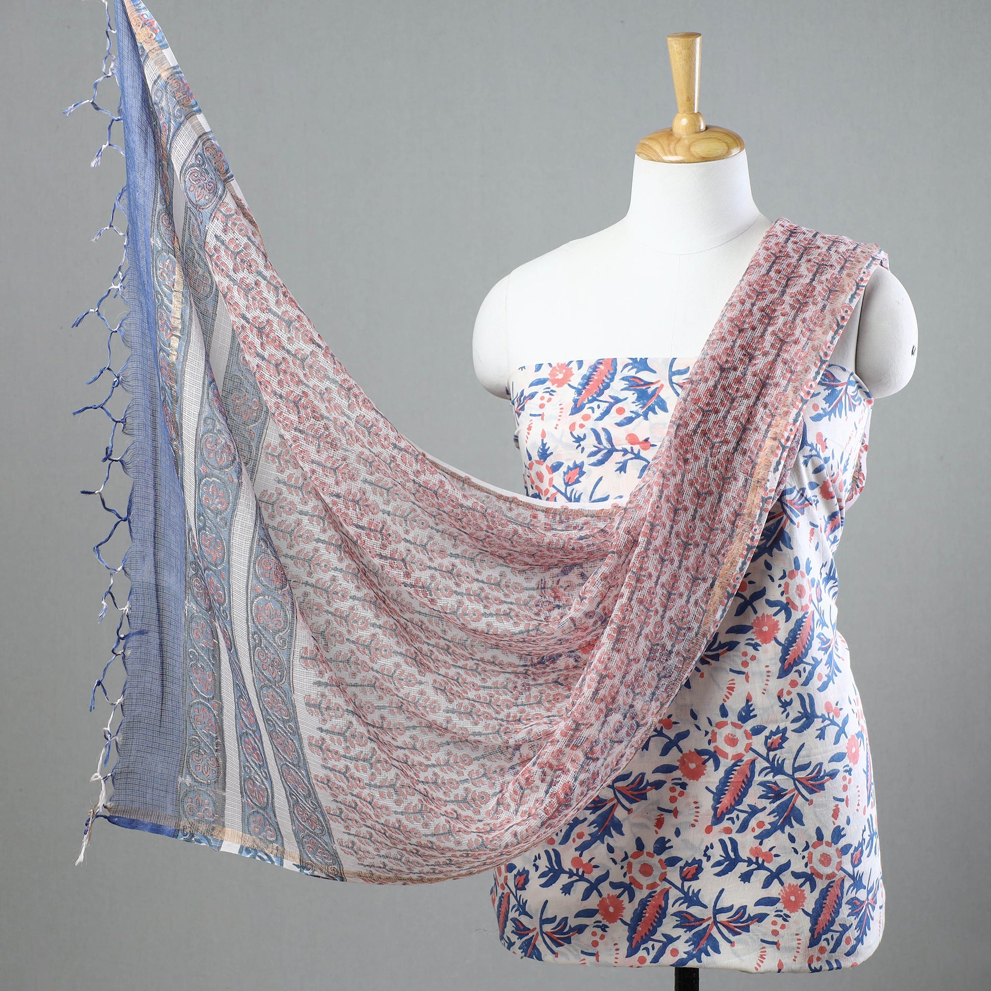 KUSUMLATA 3pc Sanganeri Block Printed Cotton Suit Material with Kota Doria Dupatta 09