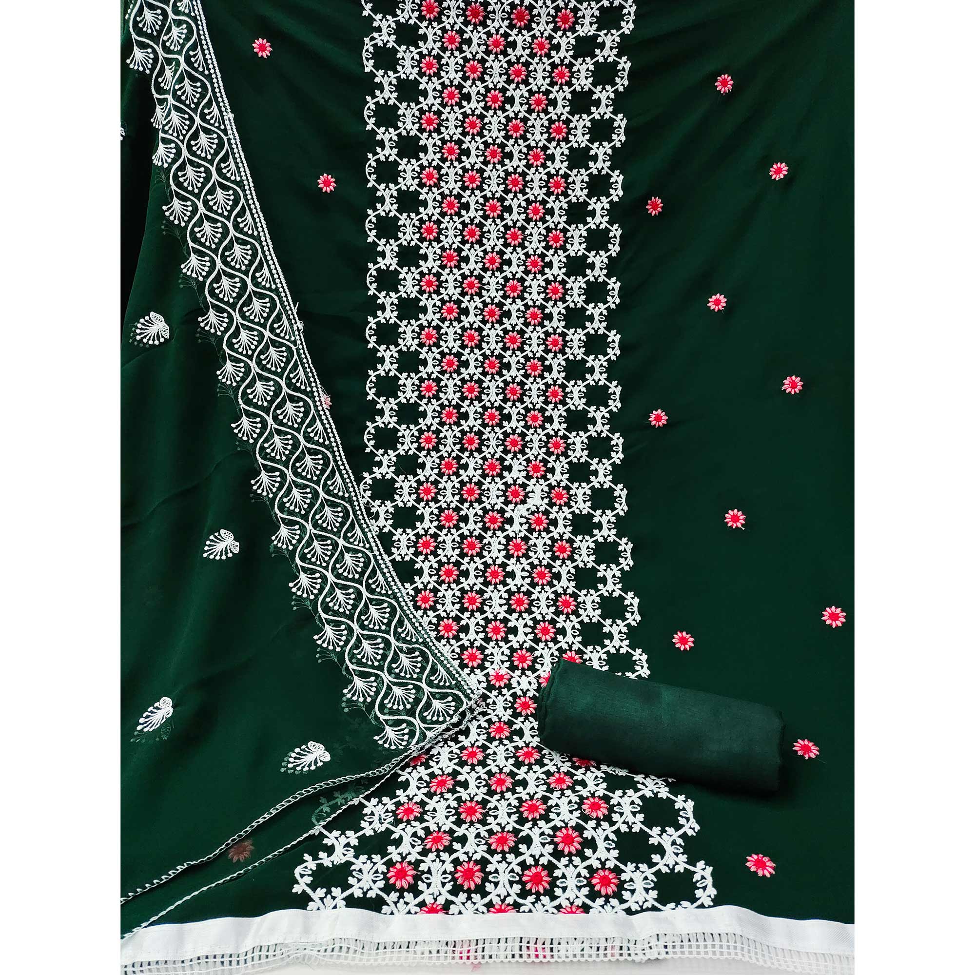 Peachmode Bottle Green Embroidered Georgette Dress Material - view 4