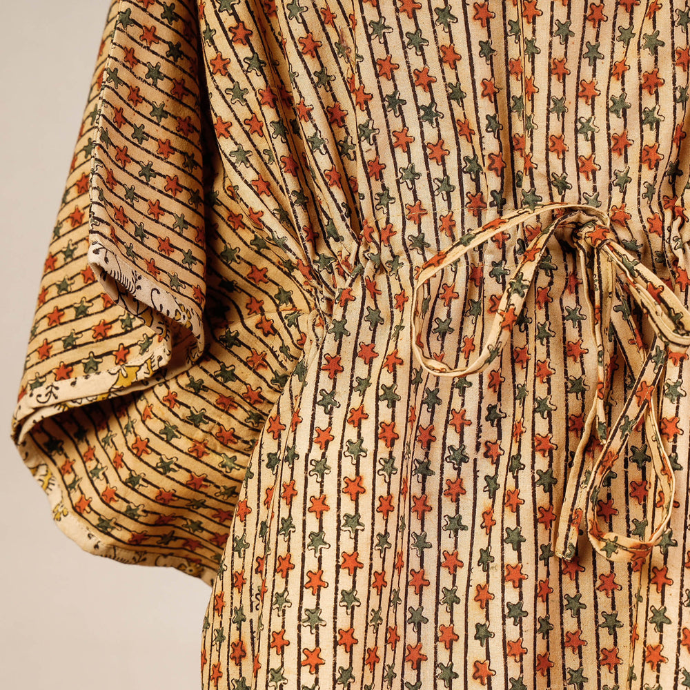 CHUTNEY CRAFT STUDIO Beige - Block Print Cotton Kalamkari Kaftan with Tie-Up Waist (Short) - view 2