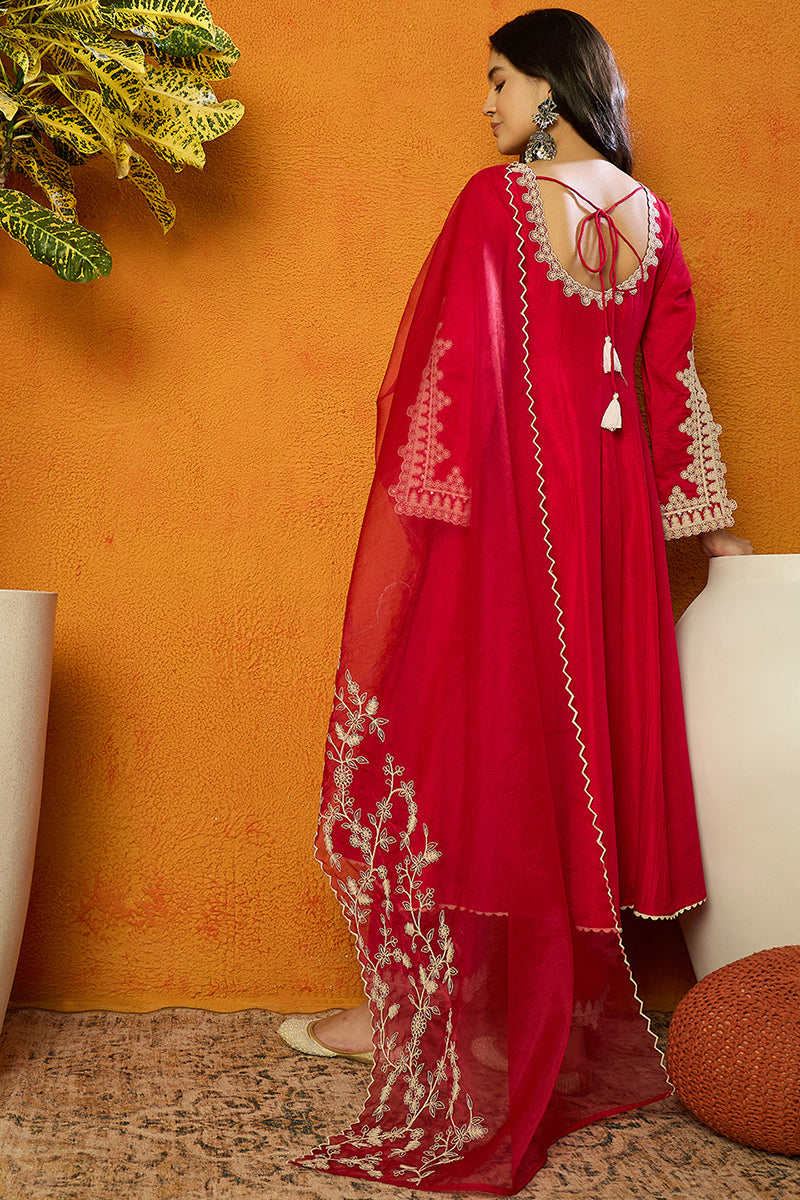 Ahika Fuchsia Pink Silk Blend Solid Embroidered Flared Suit Set PKSKD2365 - view 4