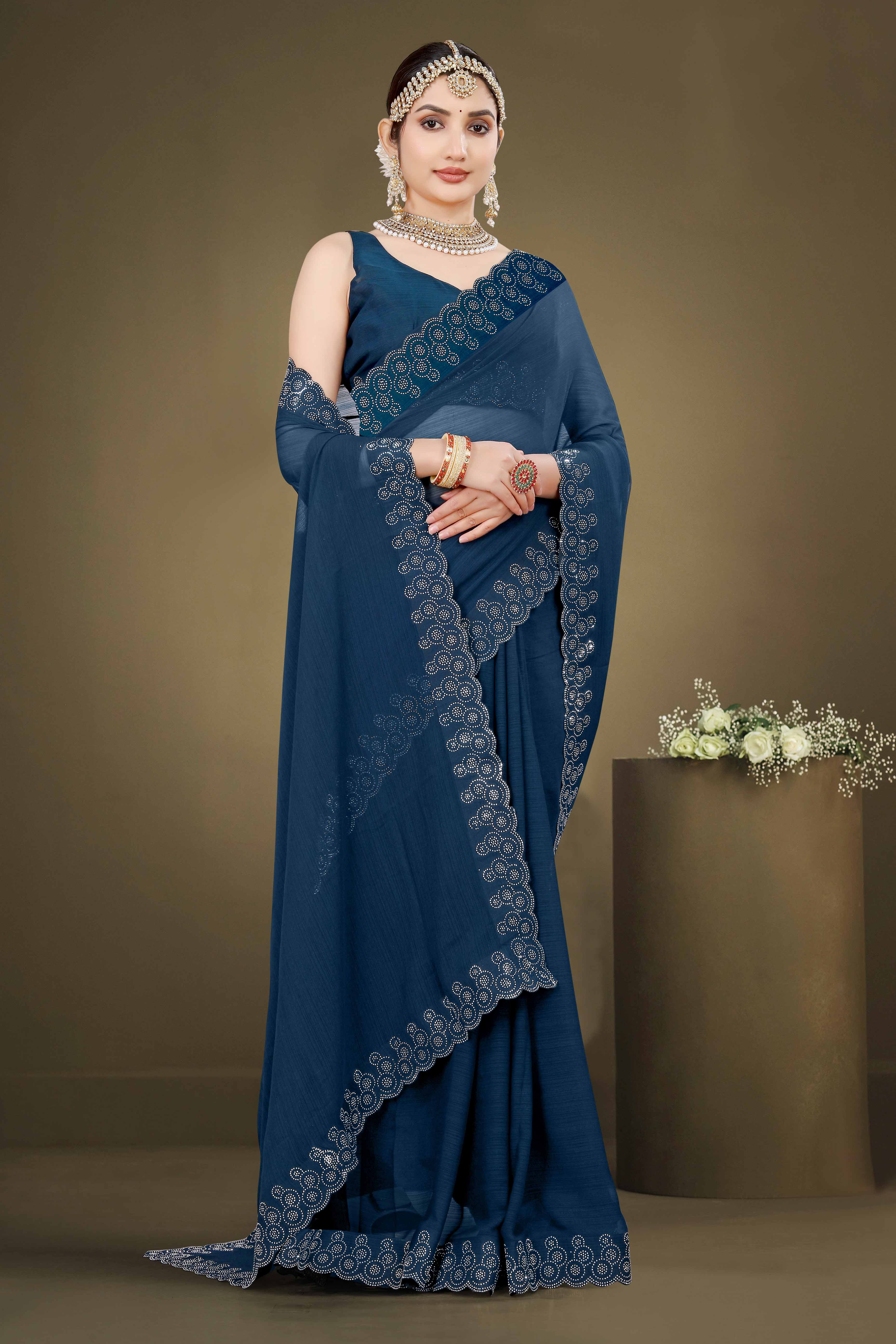 Peachmode Blue Solid With Swarovski Work Chiffon Saree