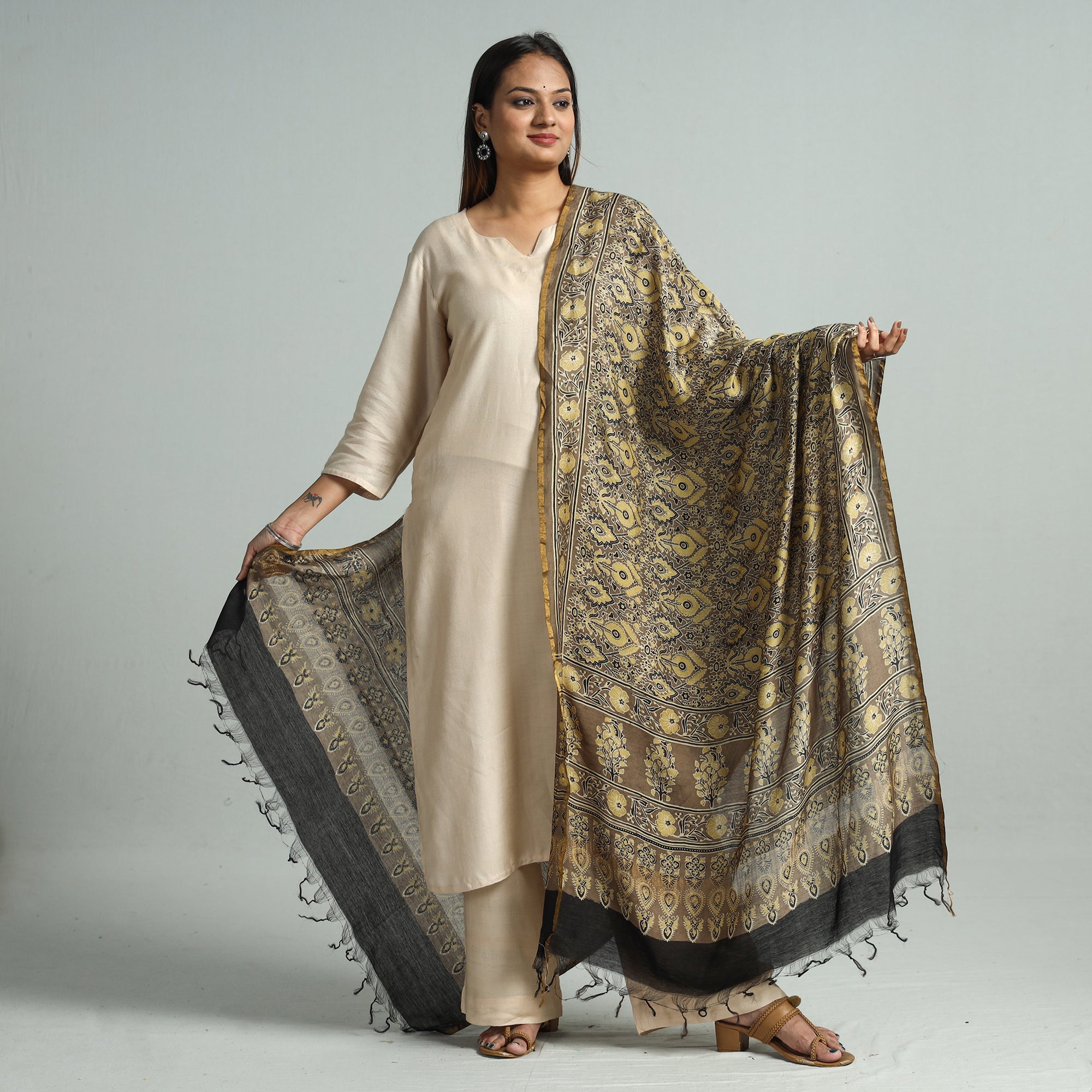 AJRAKH BY KHATRI ABDUL RAUF Brown - Hand Block Print Chanderi Silk Ajrakh Dupatta 150