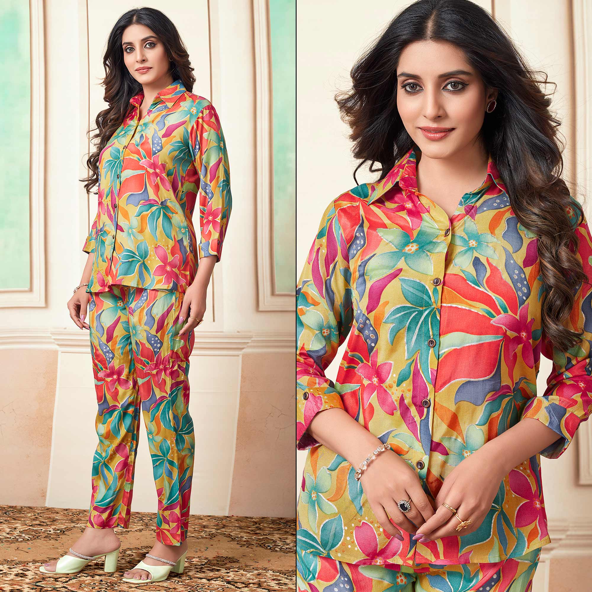 Peachmode Multicolor Floral Foil Printed Muslin Co Ord Set