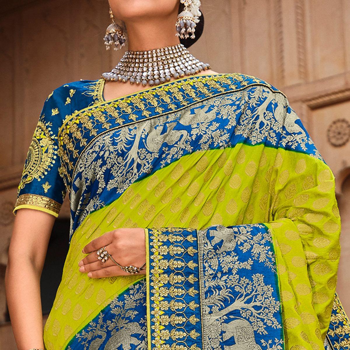 Peachmode Blue-Parrot Green Festive Wear Woven With Zari & Diamond Work Banarasi Silk Saree - view 3