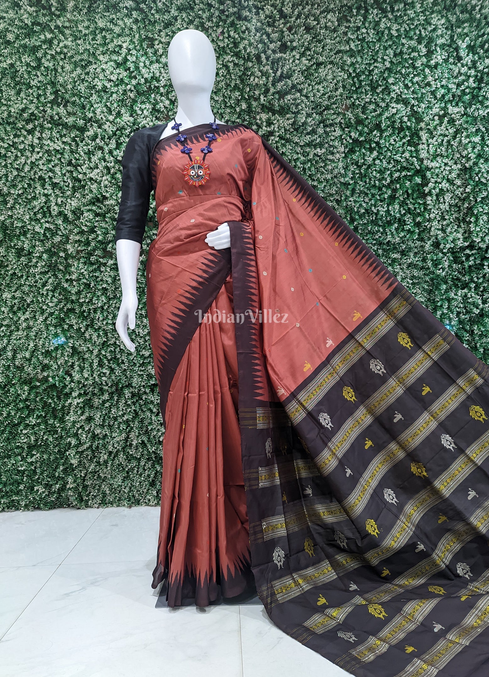 IndianVillèz Rust Bomkai Sambalpuri Silk Saree inspired by Ganjam Bomkai Theme