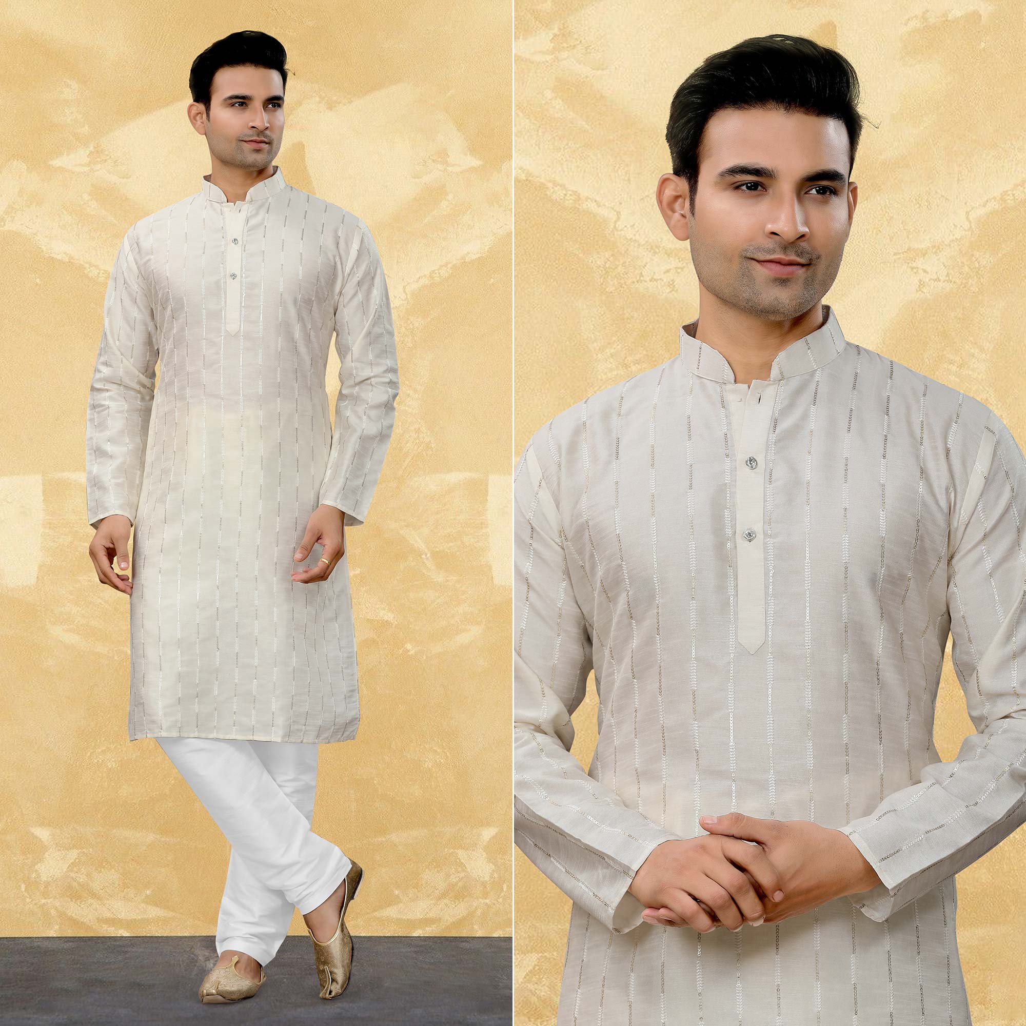 Peachmode Seller Cream Sequins Embroidered Art Silk Kurta Pyjama Set