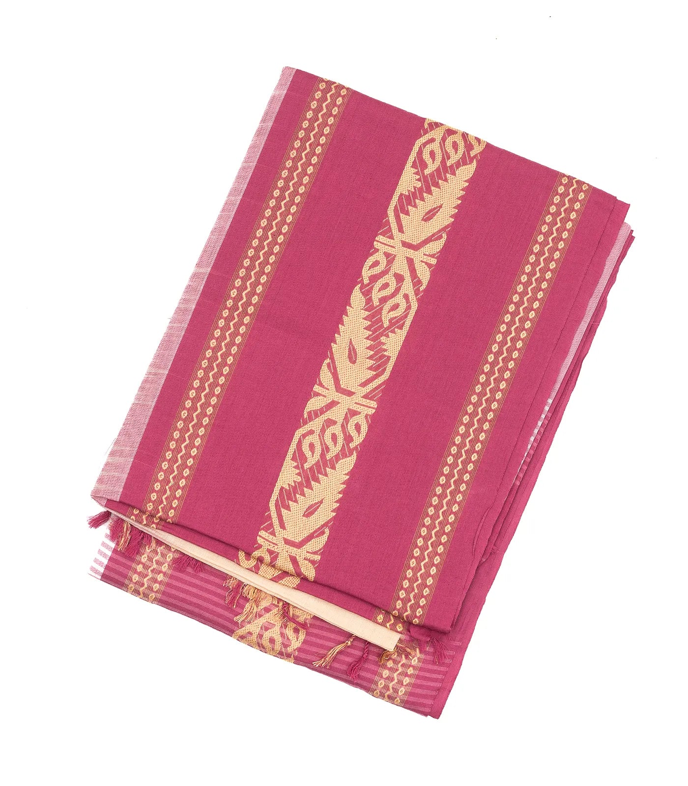 RmKV Cream Handloom Bengal Cotton Saree With Contrast Pink Border