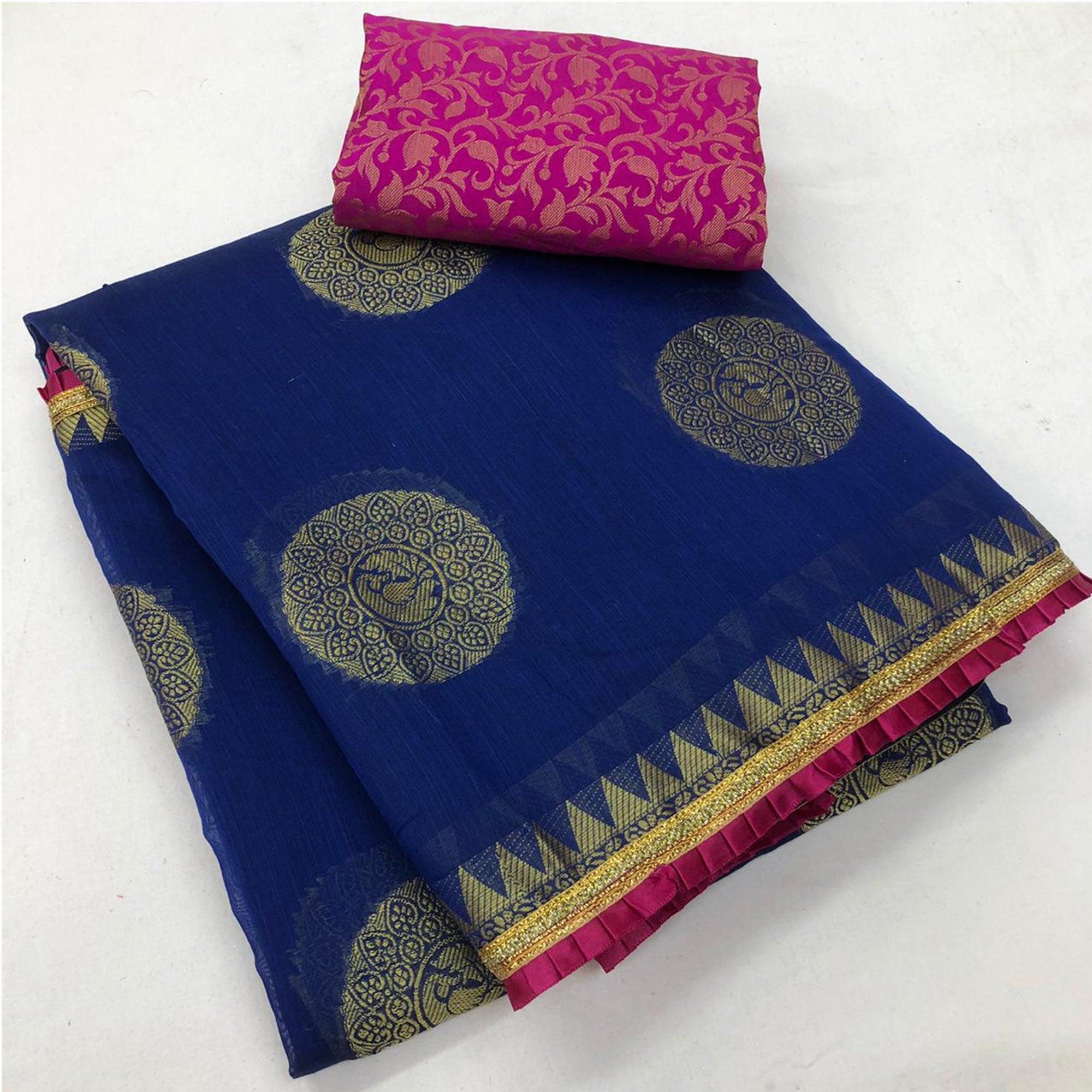 Peachmode Jazzy Navy Blue Colored Festive Wear Woven Cotton Saree - view 3
