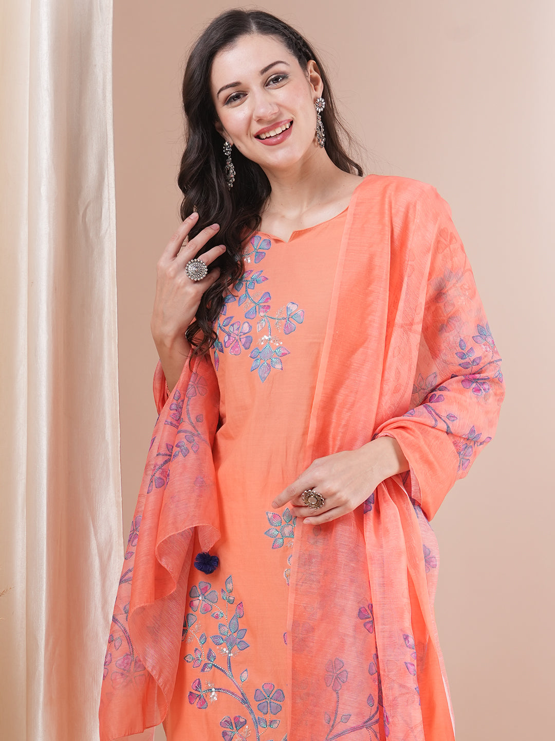 FASHOR Floral Patchwork Embroidered Straight Fit Kurta with Pant and Printed Dupatta - Peach - view 2