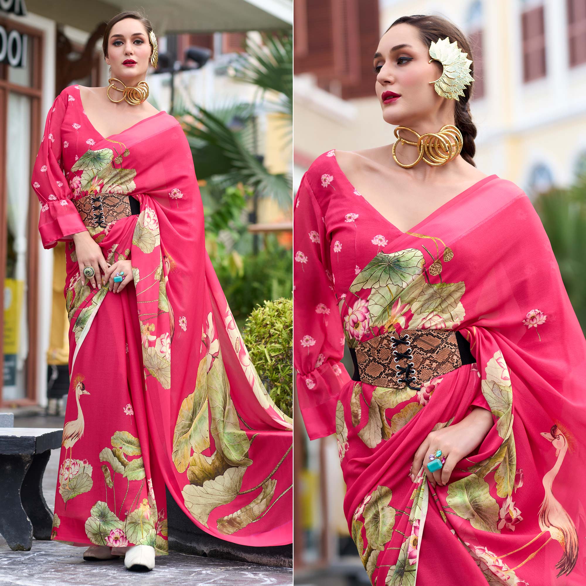 Peachmode Pink Floral Printed Georgette Saree