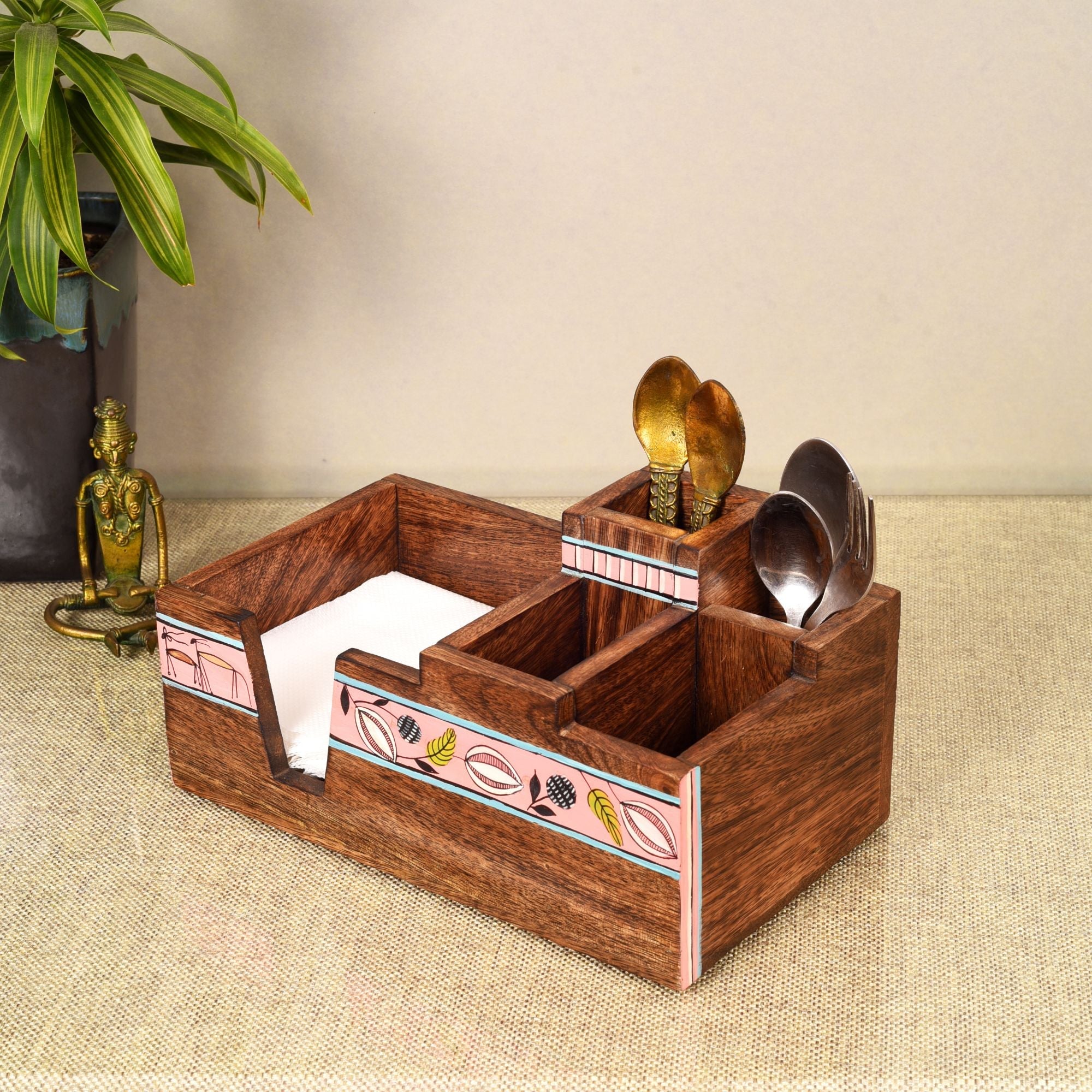 ART CREATIONS BY SUMAN SONTHALIA Brown - Leafy Charm Wooden Cutlery Holder (10x6x5) - view 2