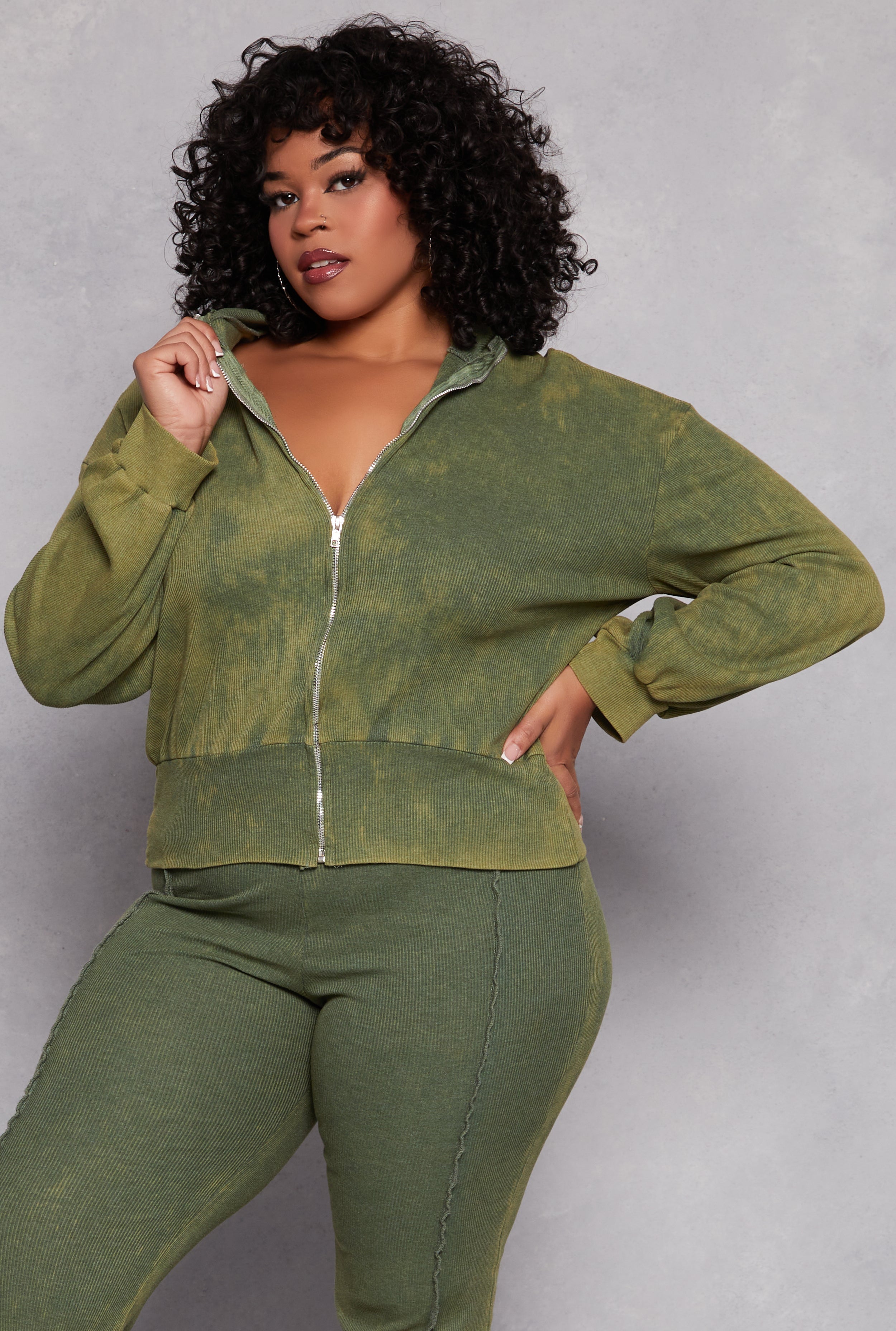Rainbow Shops Plus Size Acid Wash Zip Front Top