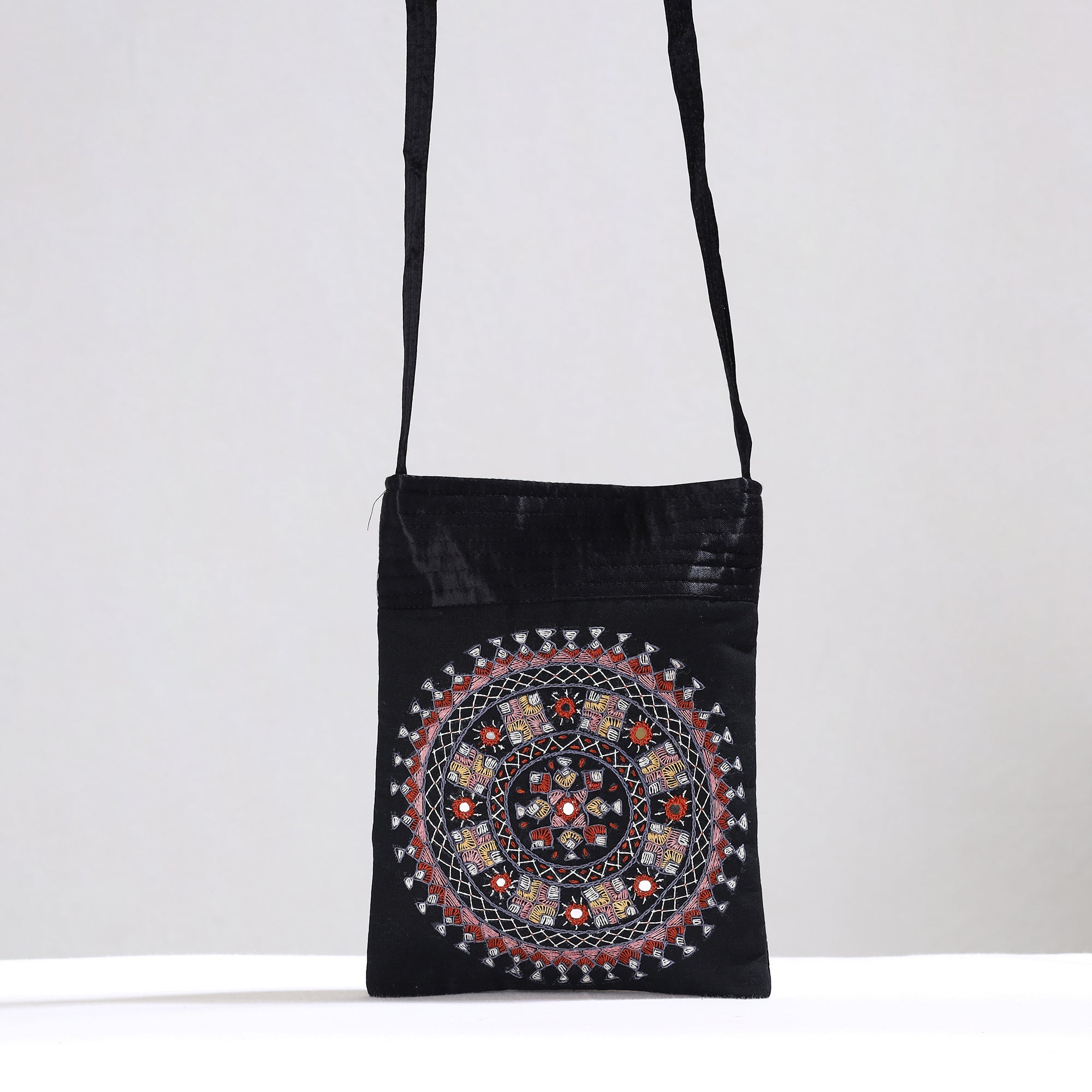 KACHCHH JI CHHAAP Black - Kutch Neran Hand Embroidery Mirror Work Mashru Silk Sling Bag 08