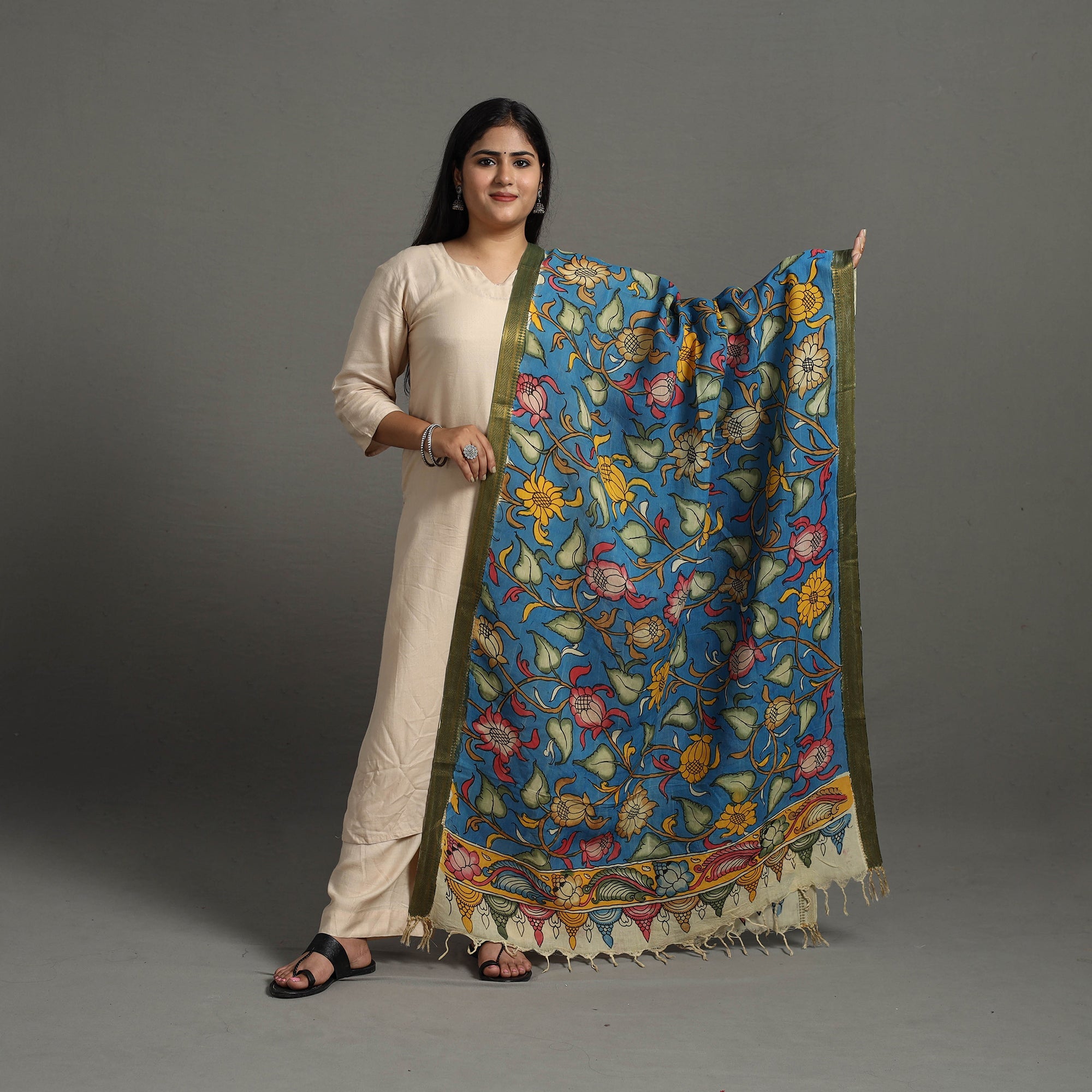 SOUTH KARGHA Blue - Chanderi Silk Srikalahasti Handpainted Pen Kalamkari Dupatta 24