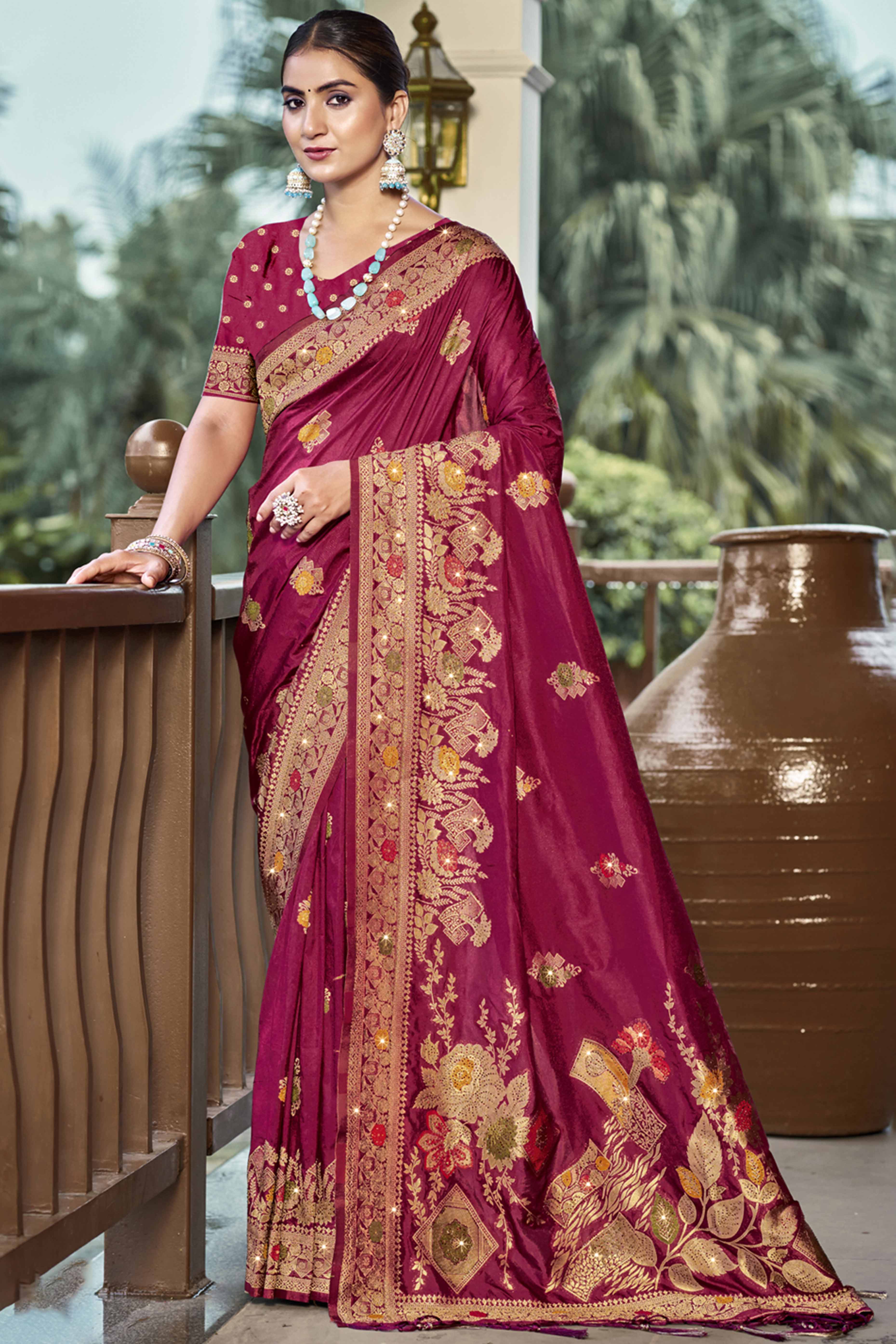 Peachmode Dark Magenta Floral Woven With Swarovski Work Pure Silk Saree With Tassels