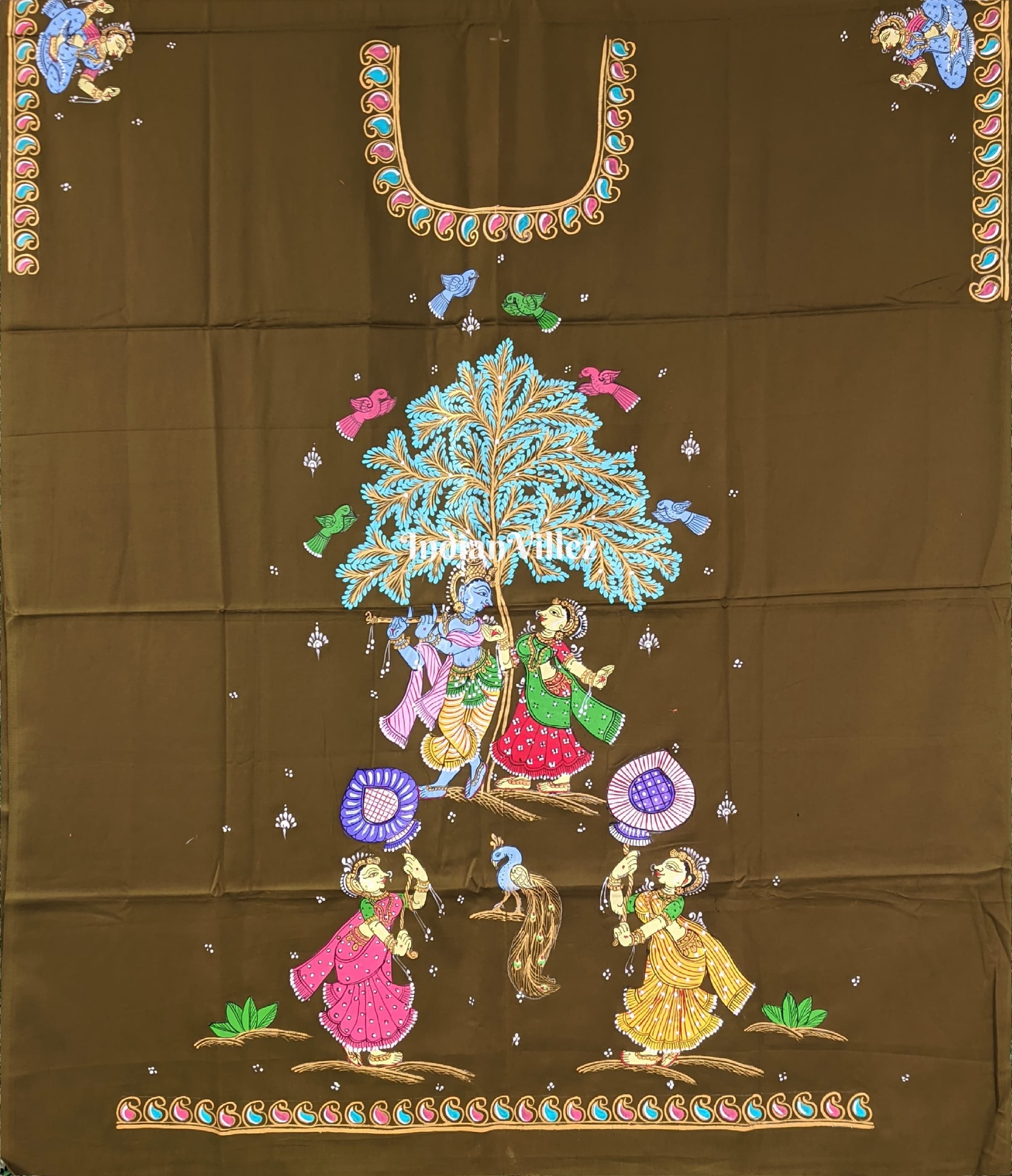 IndianVillèz Mehendi Green Radha Krisha Pattachitra Kurti Cotton Dress Material