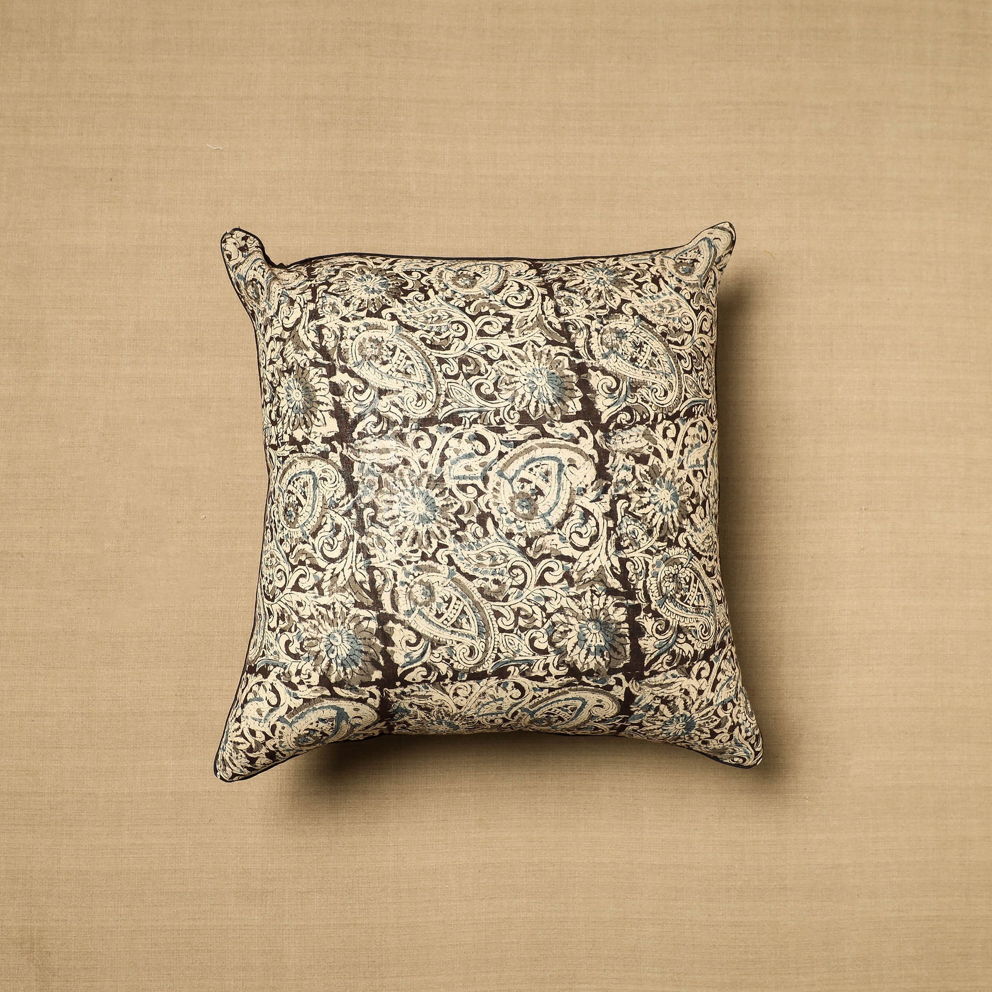 NOORI BAZAR Beige - Block Print Cotton Kalamkari Cushion Cover (16 x 16 in) 13