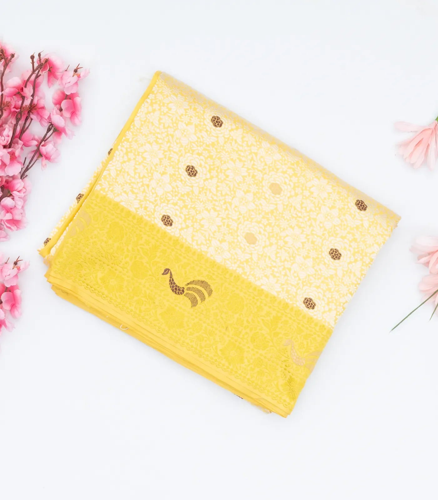 RmKV Yellow Handloom Banarasi Silk Saree With Meena Floral Motifs