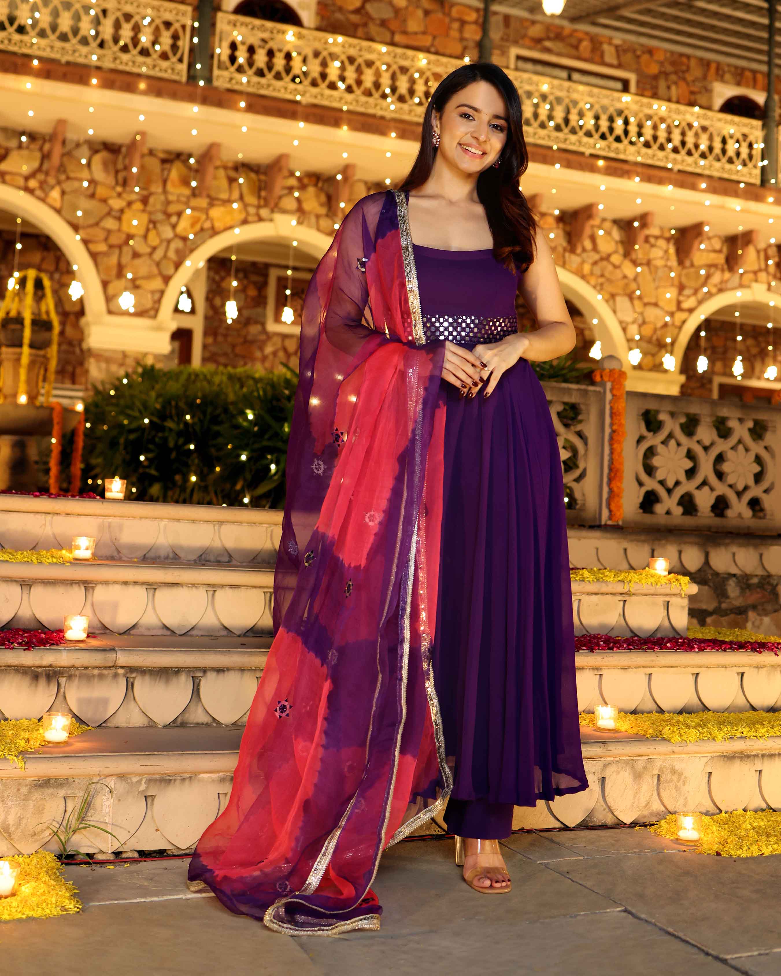 Aachho Majestic Mirror Purple Georgette Suit Set