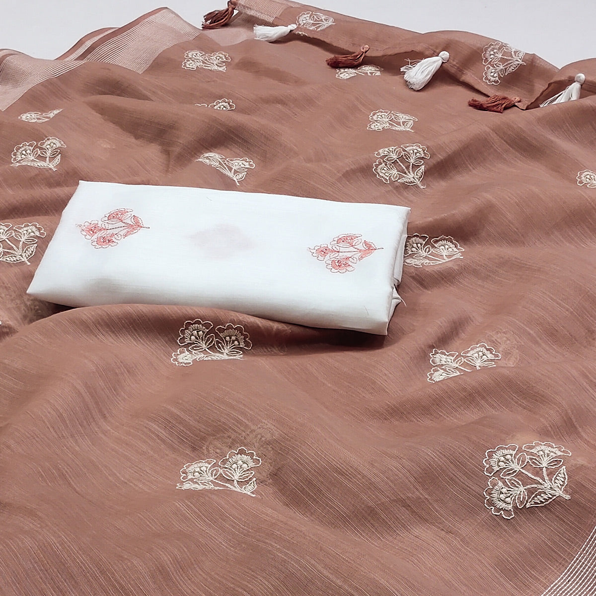 Peachmode Brown Floral Embroidered Raw Silk Saree - view 2