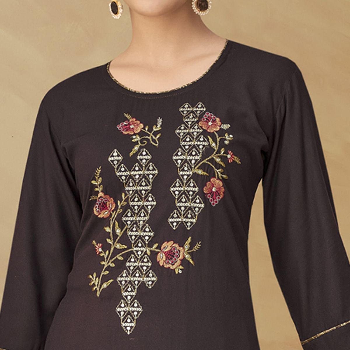 Peachmode Seller Brown Partywear Floral Embroidered Rayon Kurti Palazzo Set - view 2