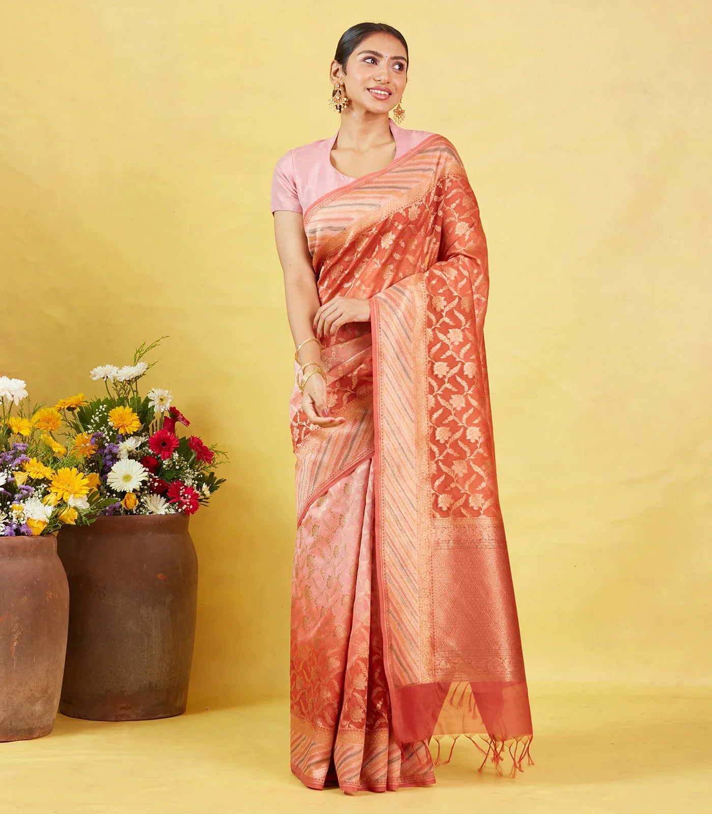 RmKV Baby Pink Handloom Banarasi Silk Cotton Saree With Floral Motifs