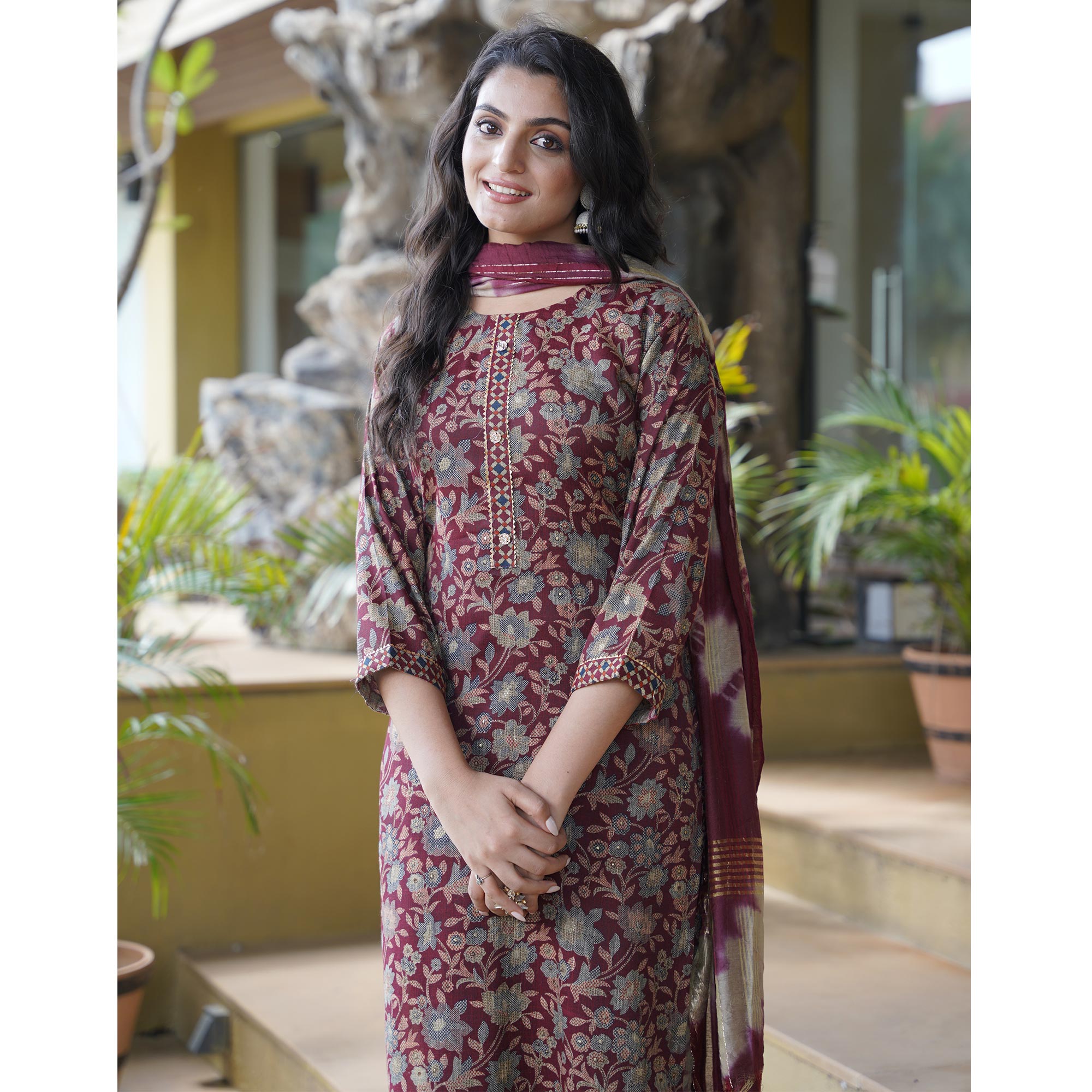 Peachmode Maroon Foil Printed Rayon Suit - view 4
