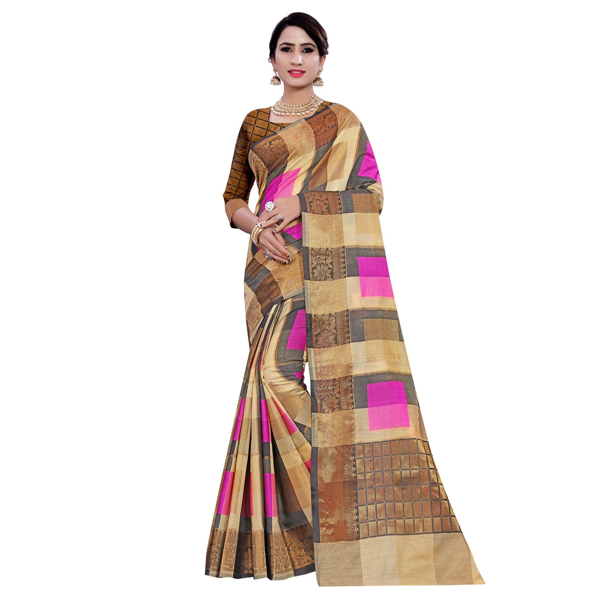 Peachmode Lovely Beige-Pink Colored Casual Printed Pure Cotton Jacquard Saree