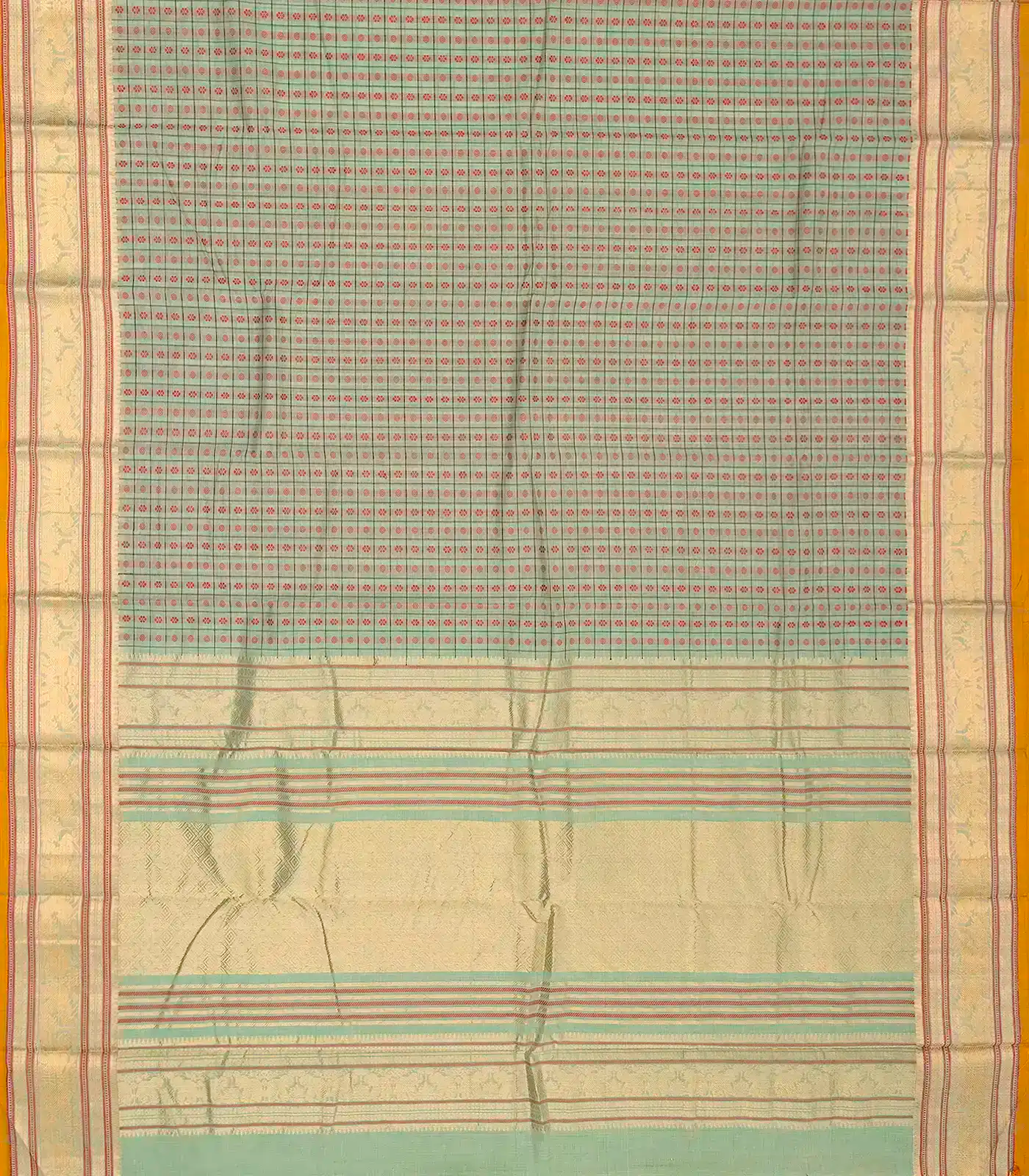 RmKV Shadow Green Handloom Kanchi Cotton Saree With Checks & Kamalam Motifs - view 2