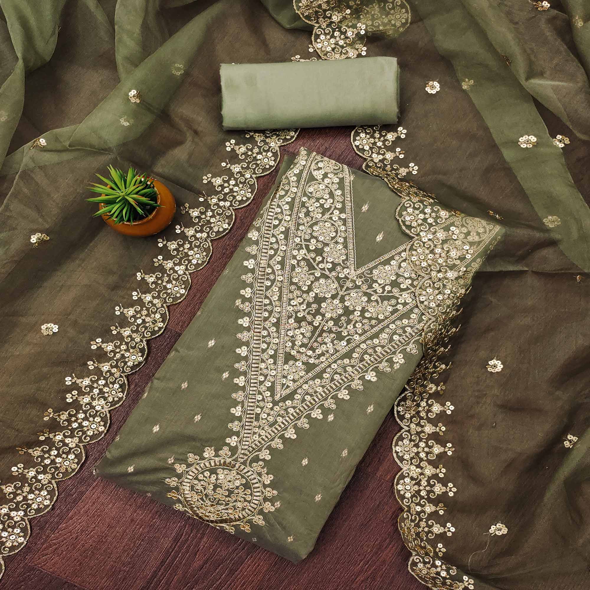 Peachmode Mehendi Green Sequins Embroidered With Woven Chanderi Dress Material