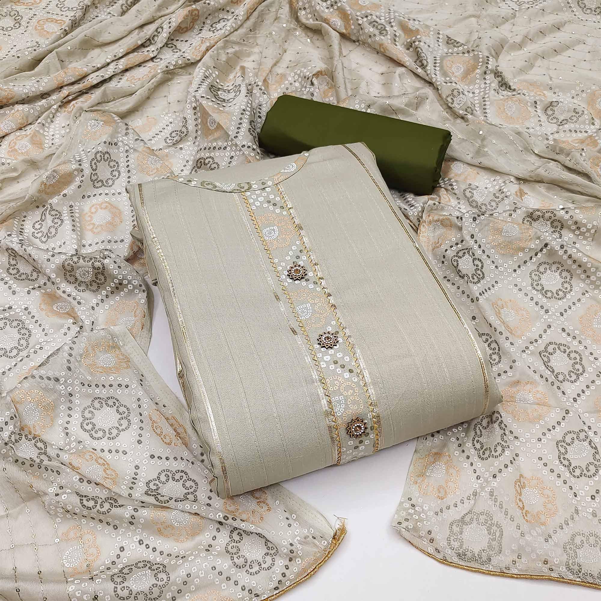 Peachmode Cream Gotta Patti With Bandhani Printed Pure Cotton Dress Material