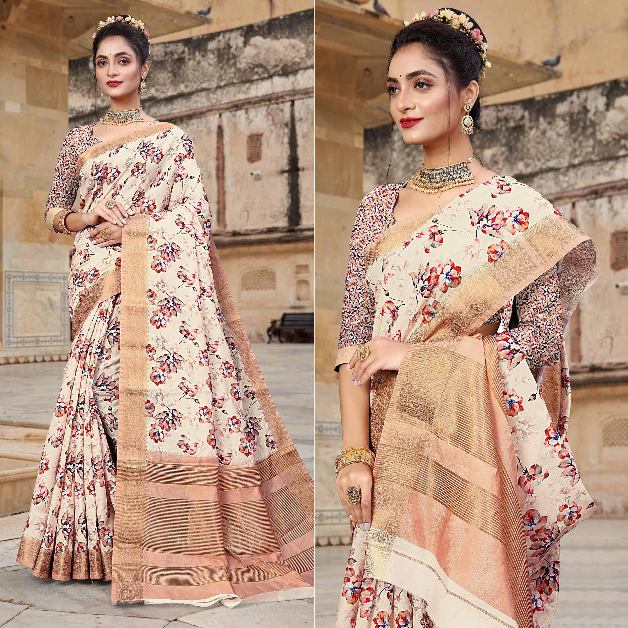 Peachmode Cream Digital Printed Dola Silk Saree