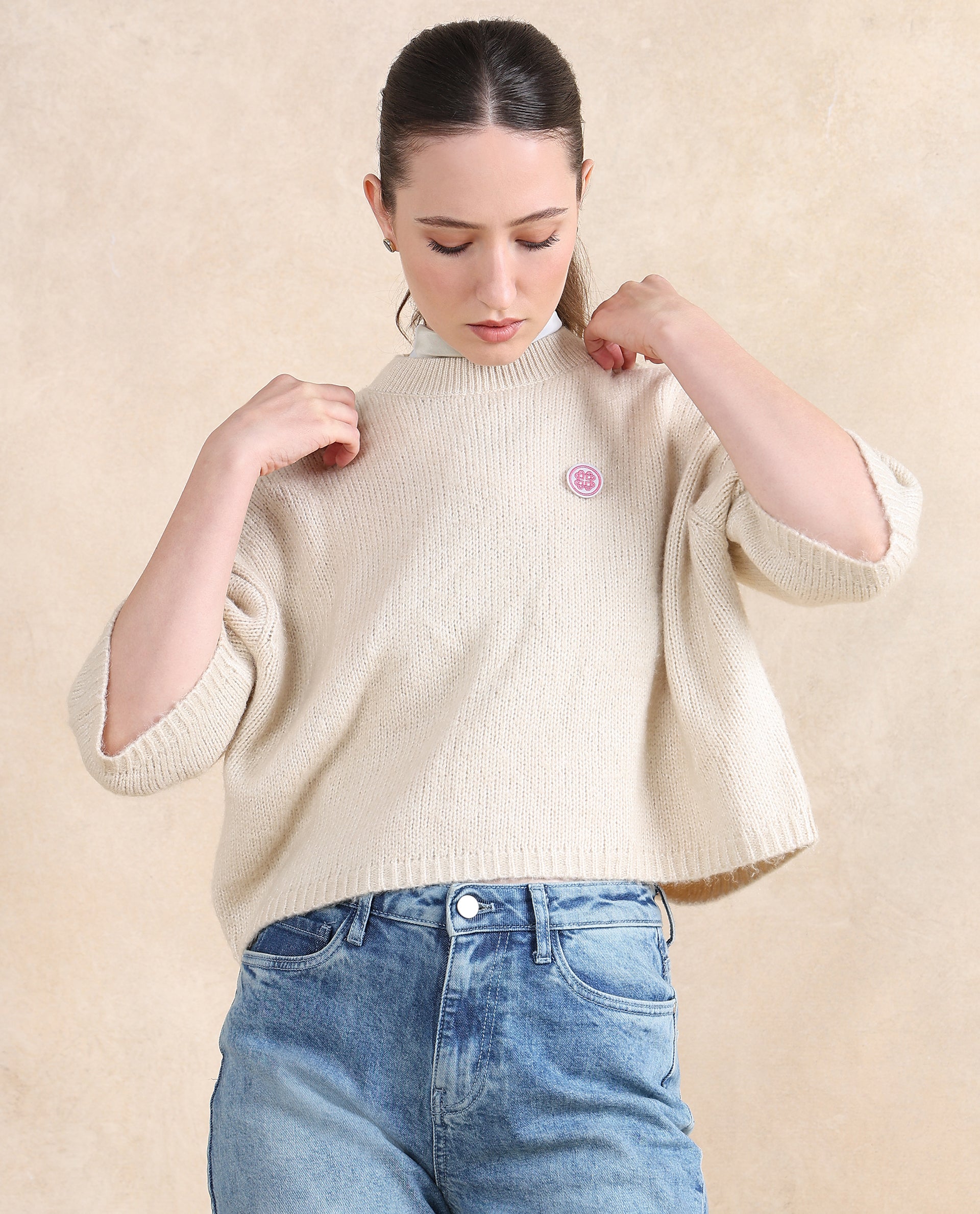 Rareism Women Kenty Light Beige Oversized Fit Plain Sweater - view 2