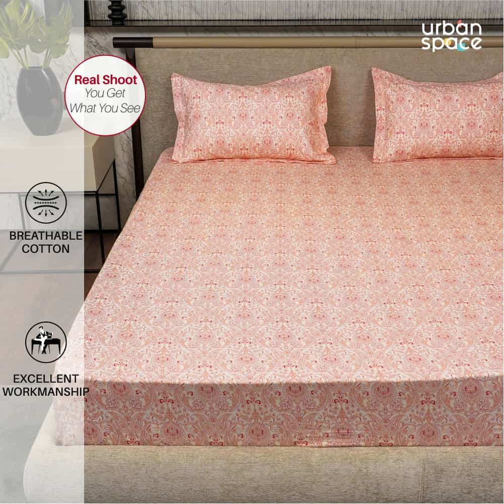 Urban Space -Home Furnishing Store Regal Collection - Breathable 200 TC 100% Pure Cotton Bedsheet with Pillow Cover, Paisley- Peach - view 4