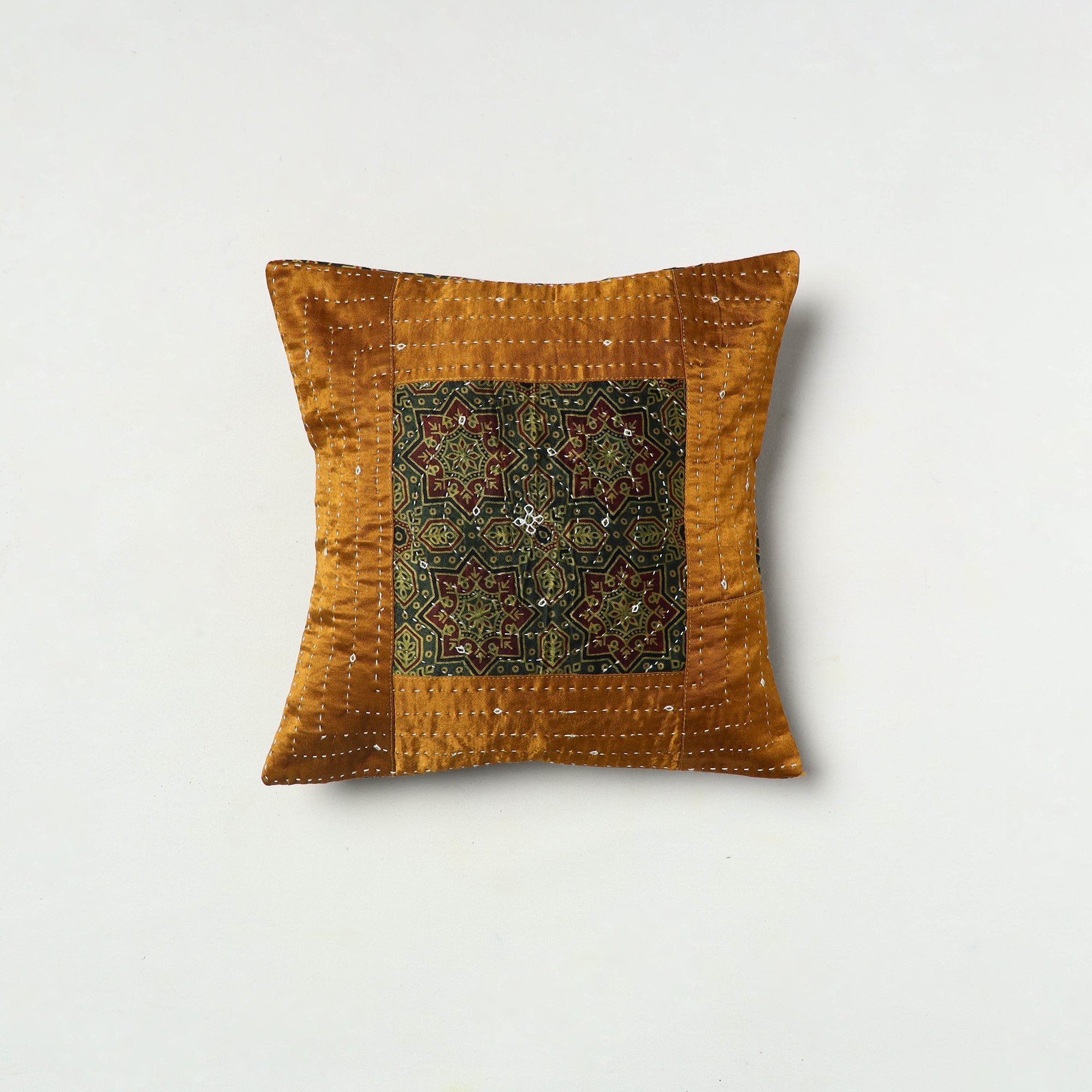 KACHCHH JI CHHAAP Brown - Kutch Embroiderd Mashru Silk Ajrakh Print Cushion Cover 02