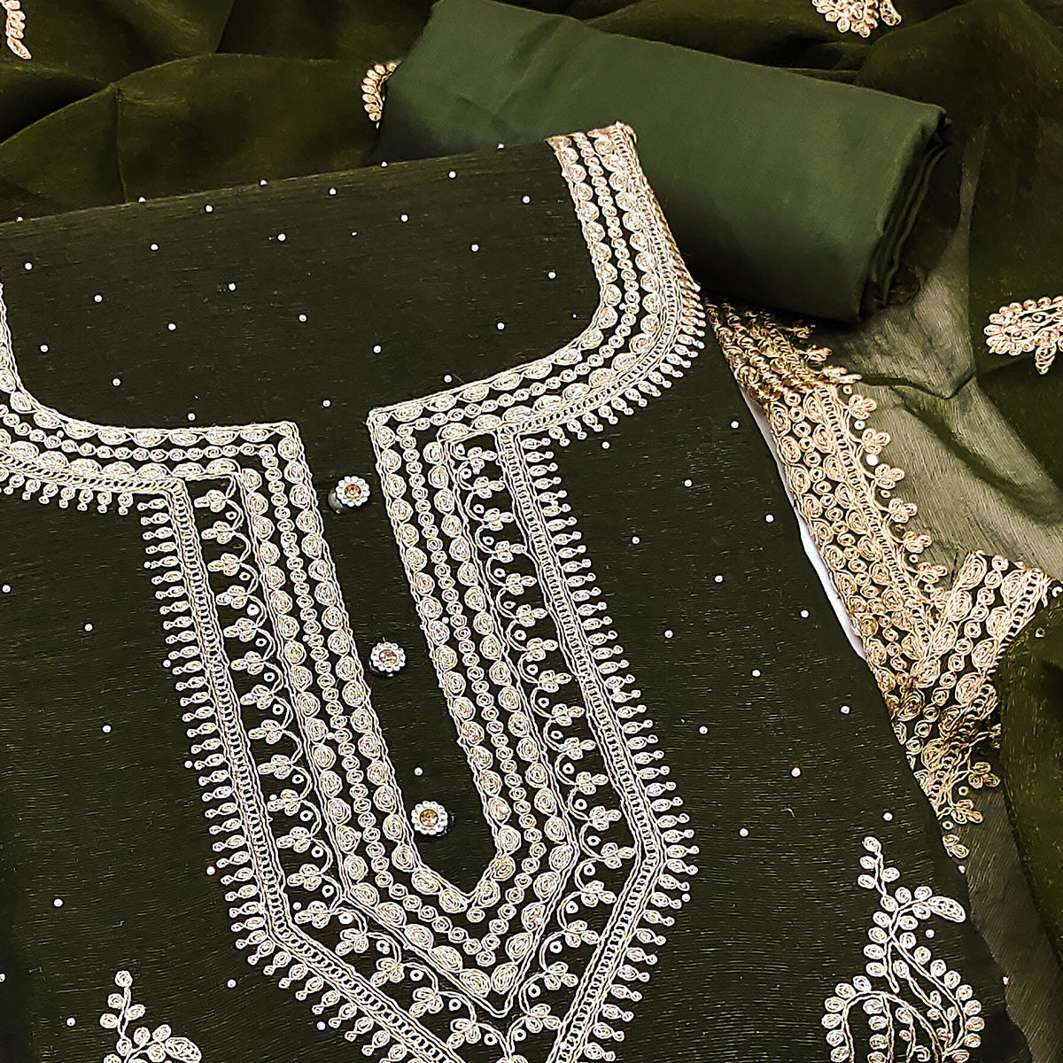 Peachmode Mehendi Green Floral Embroidery With Swarovski Work Georgette Dress Material - view 2