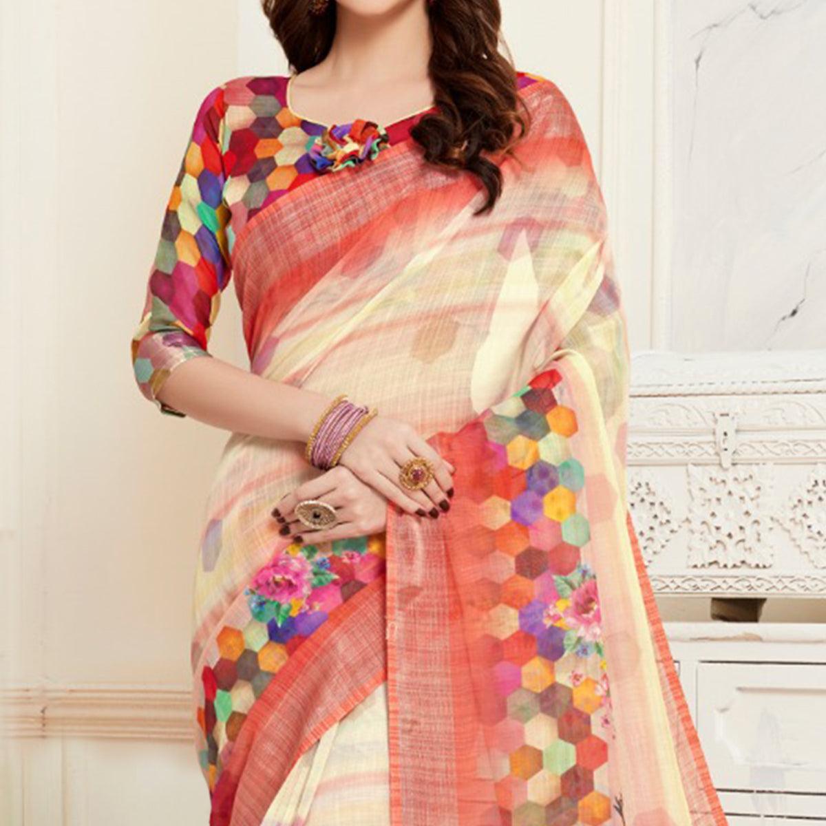 Peachmode Exclusive Cream Colored Casual Digital Printed Linen Saree - view 2