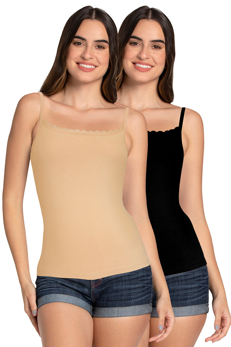Amante Shelf Support Straight Neck Sleeveless Camisole (Pack of 2) - Black_Hazelnut