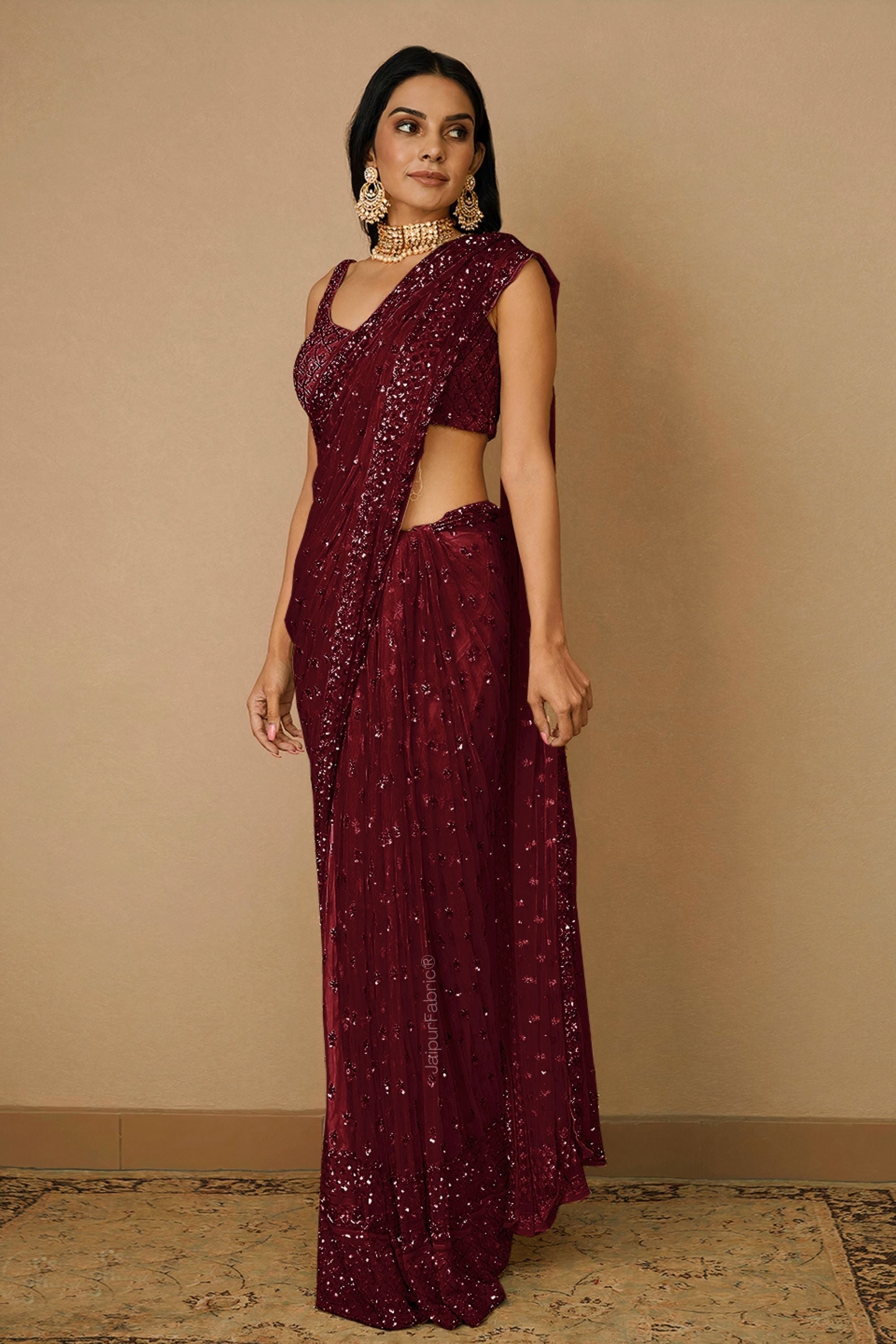 JaipurFabric® Embroidered Net Saree in Maroon - view 2