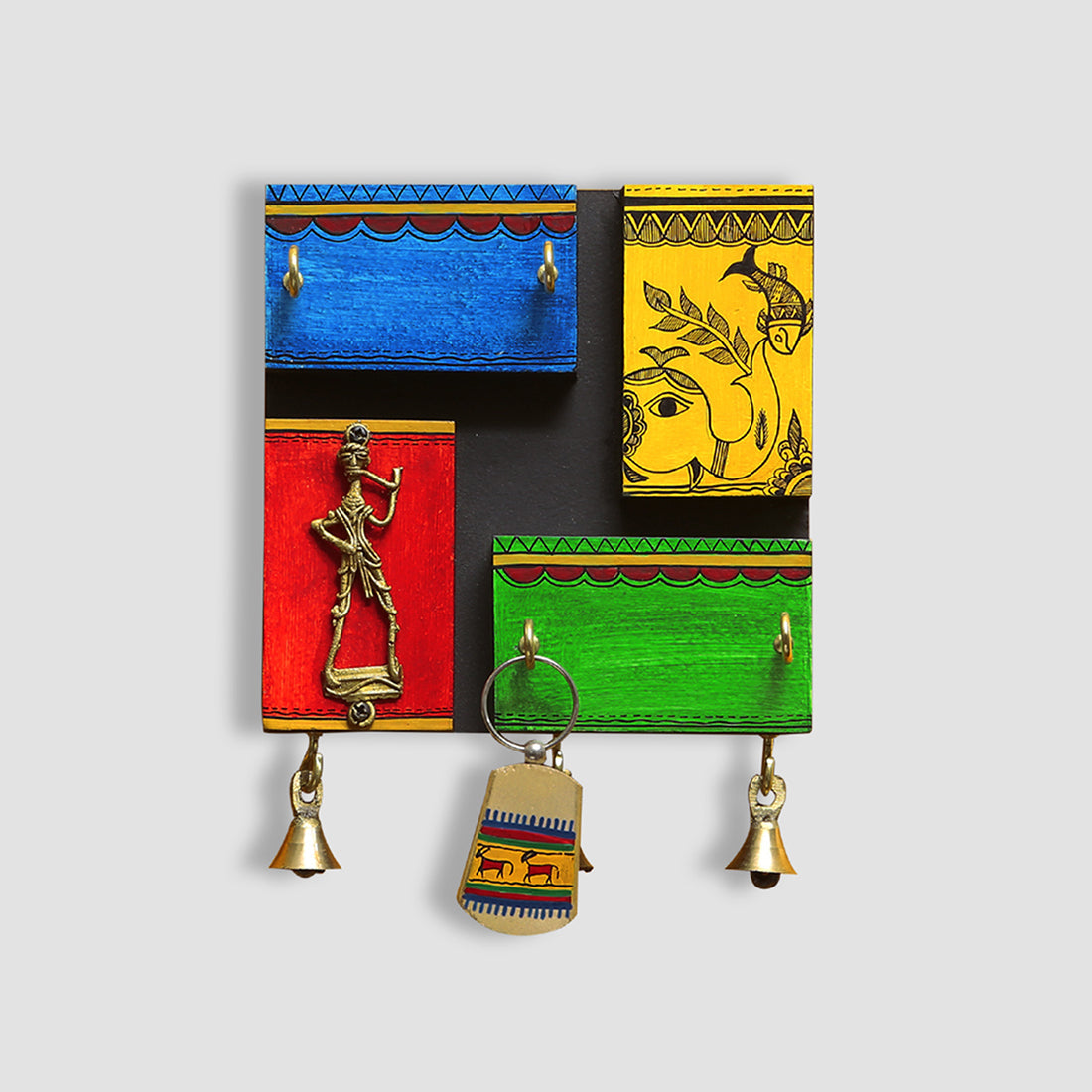 EXCLUSIVELANE 'In-Key-Geneous' Warli Handpainted Wooden Key Holder with Dhokra Art (5 Hooks) - view 2
