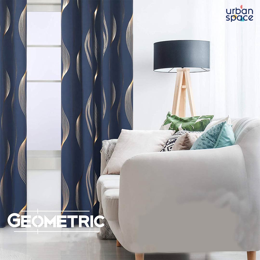 Urban Space -Home Furnishing Store Gold Foil Printed 80-85% Blackout Curtains - Pack of 1 Curtain - Double Wave - Navy Blue - view 2