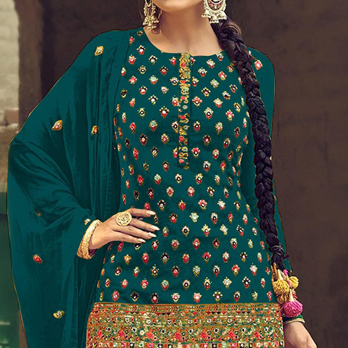Peachmode Festive Wear Sea Green Sequins Embroidery Work Faux Georgette Patiala Suit - view 2