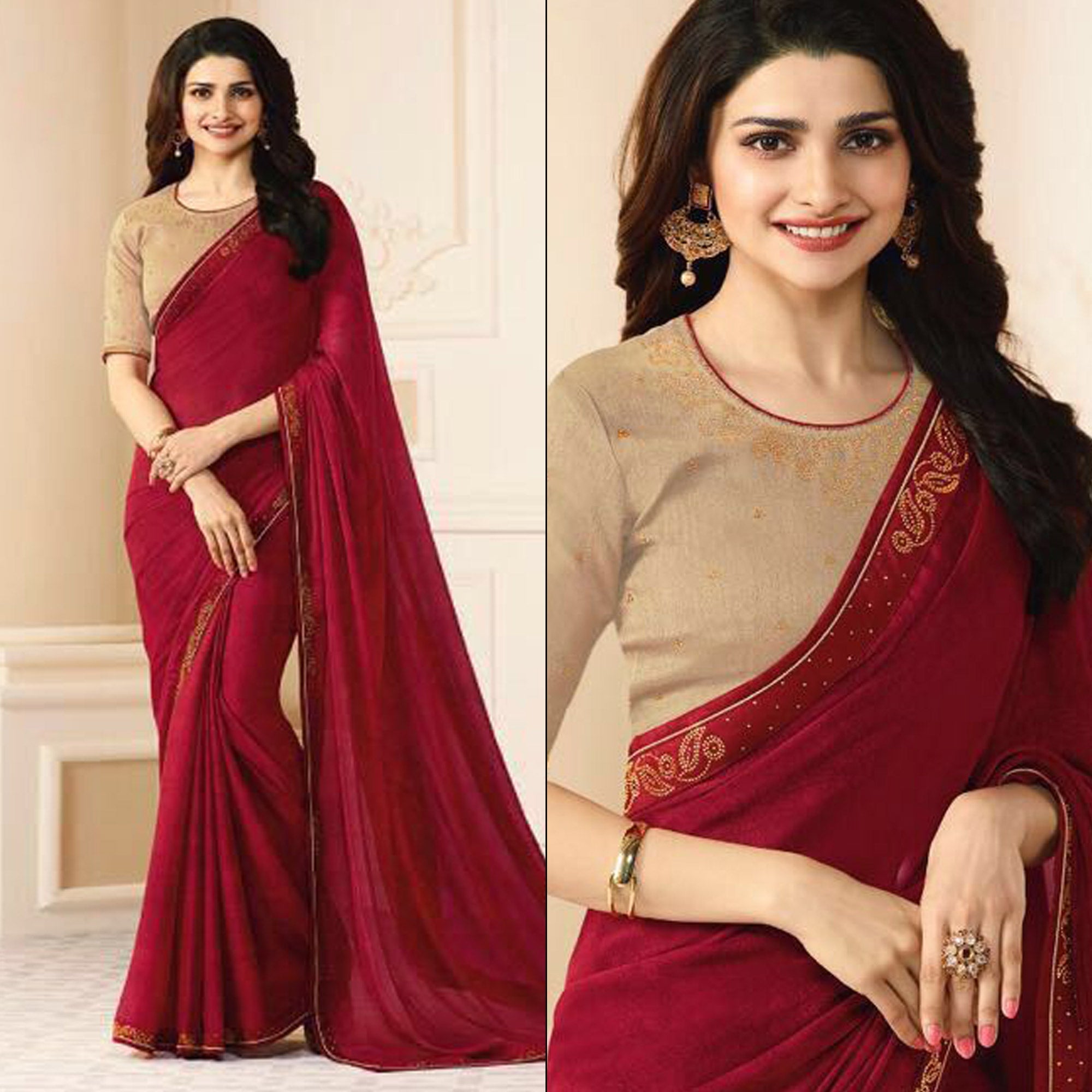 Peachmode Maroon Swarovski Work Art Silk Saree