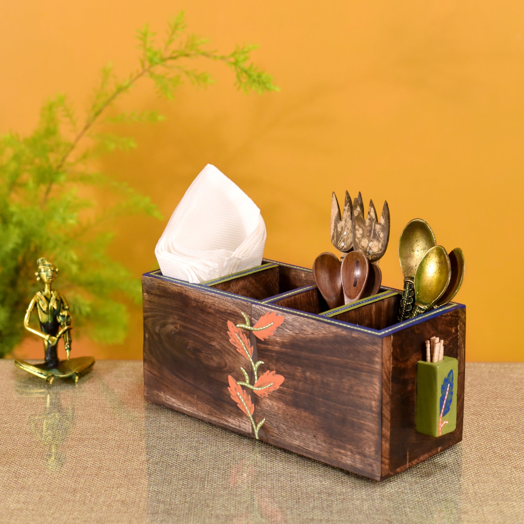 ART CREATIONS BY SUMAN SONTHALIA Brown - Autumn Leaf Cutlery Stand Handcrafted in Wood - view 2